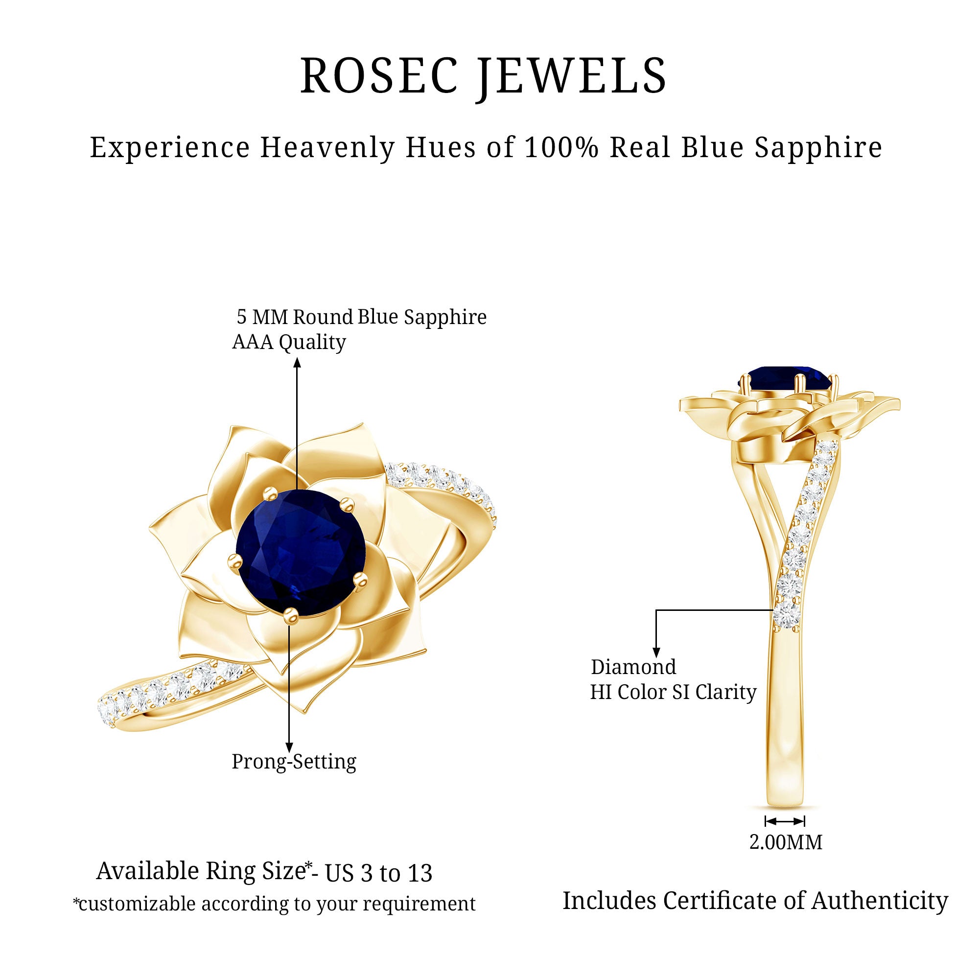Real Blue Sapphire and Diamond Flower Ring with Bypass Shank AAA - Rosec Jewels