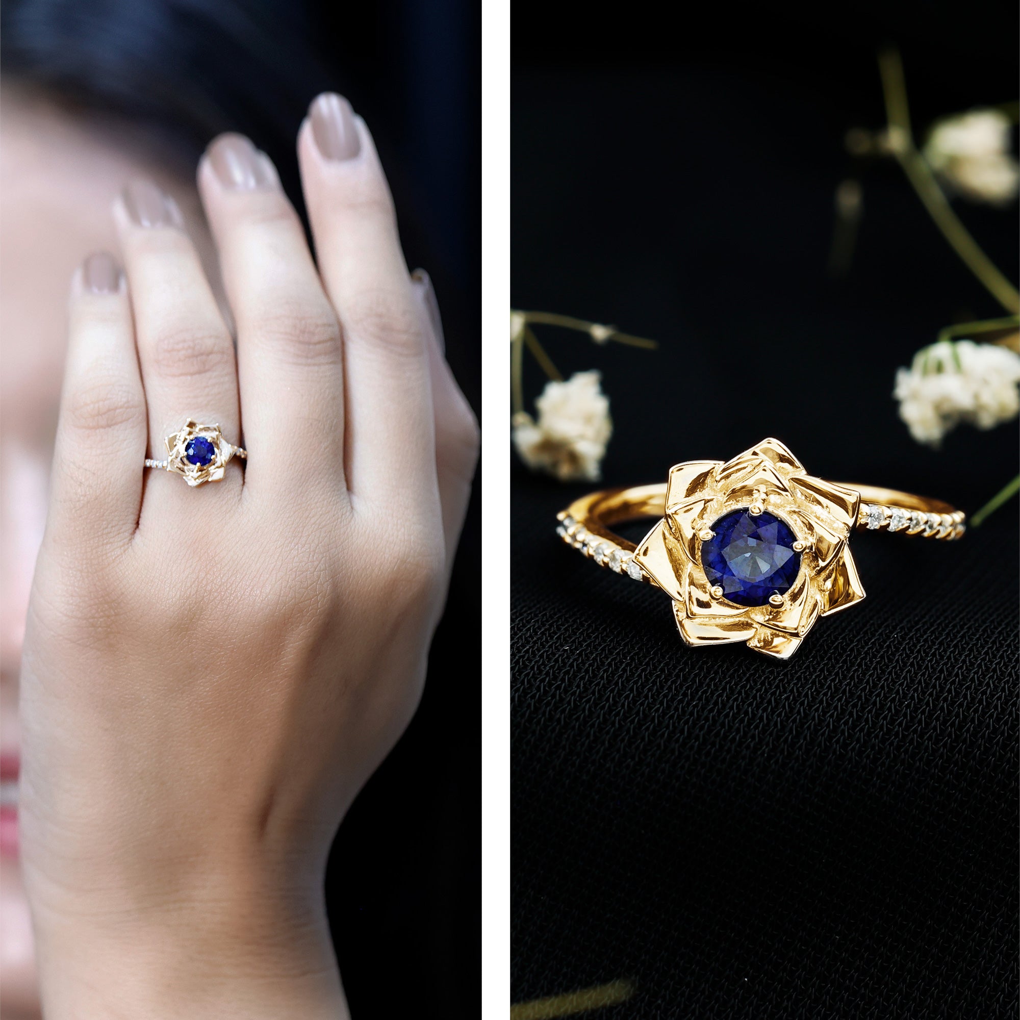 Real Blue Sapphire and Diamond Flower Ring with Bypass Shank AAA - Rosec Jewels