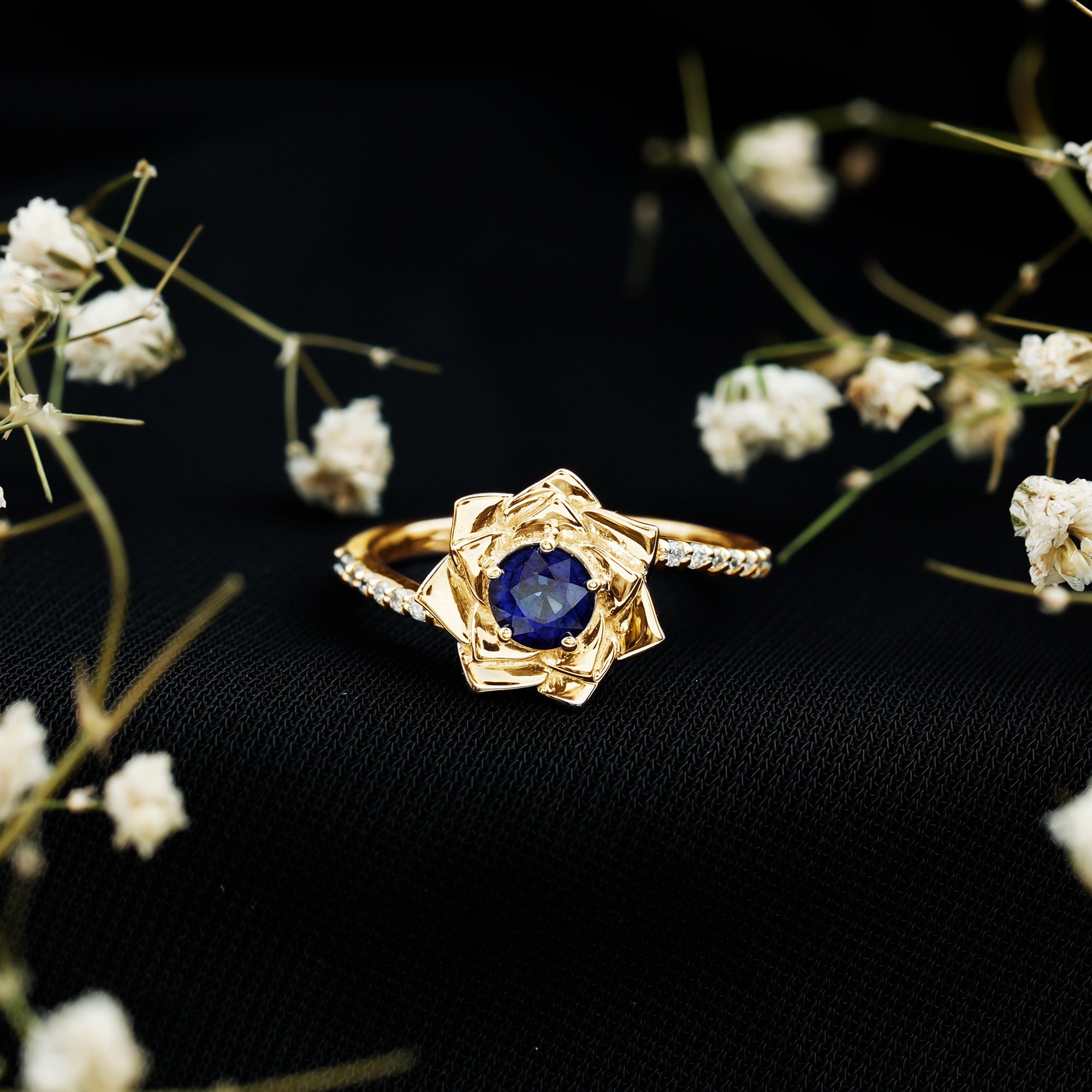 Real Blue Sapphire and Diamond Flower Ring with Bypass Shank AAA - Rosec Jewels
