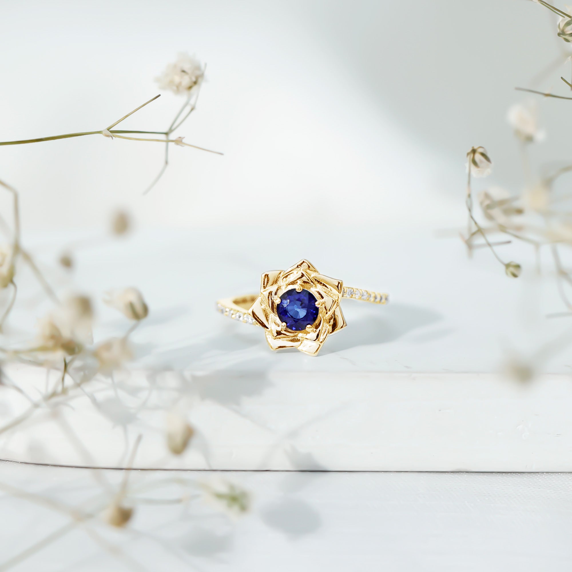 Real Blue Sapphire and Diamond Flower Ring with Bypass Shank AAA - Rosec Jewels