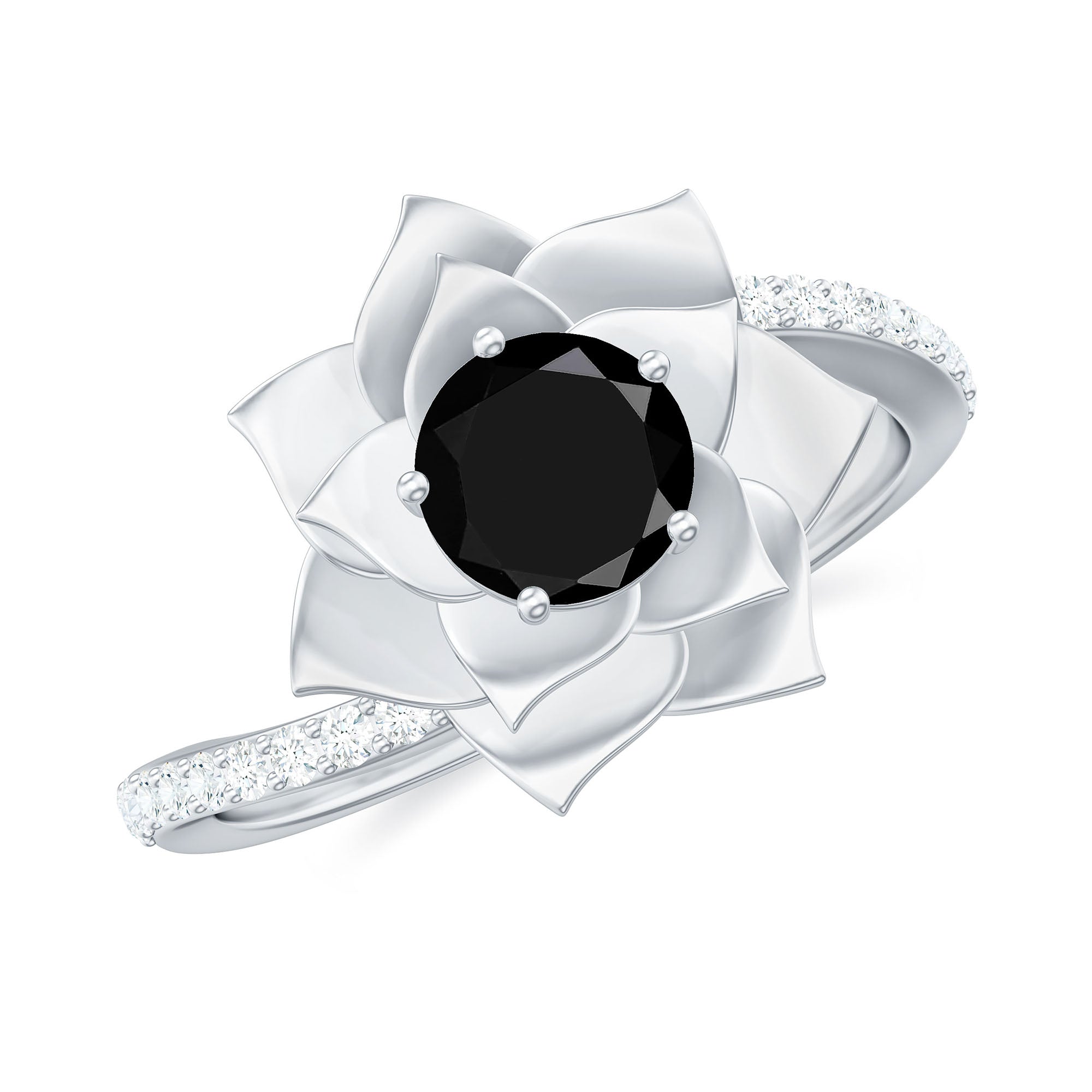Certified 0.8 Carat Lab Grown Black Diamond Flower Engagement Ring with White Diamond AAAA ( Synthetic ) - Rosec Jewels