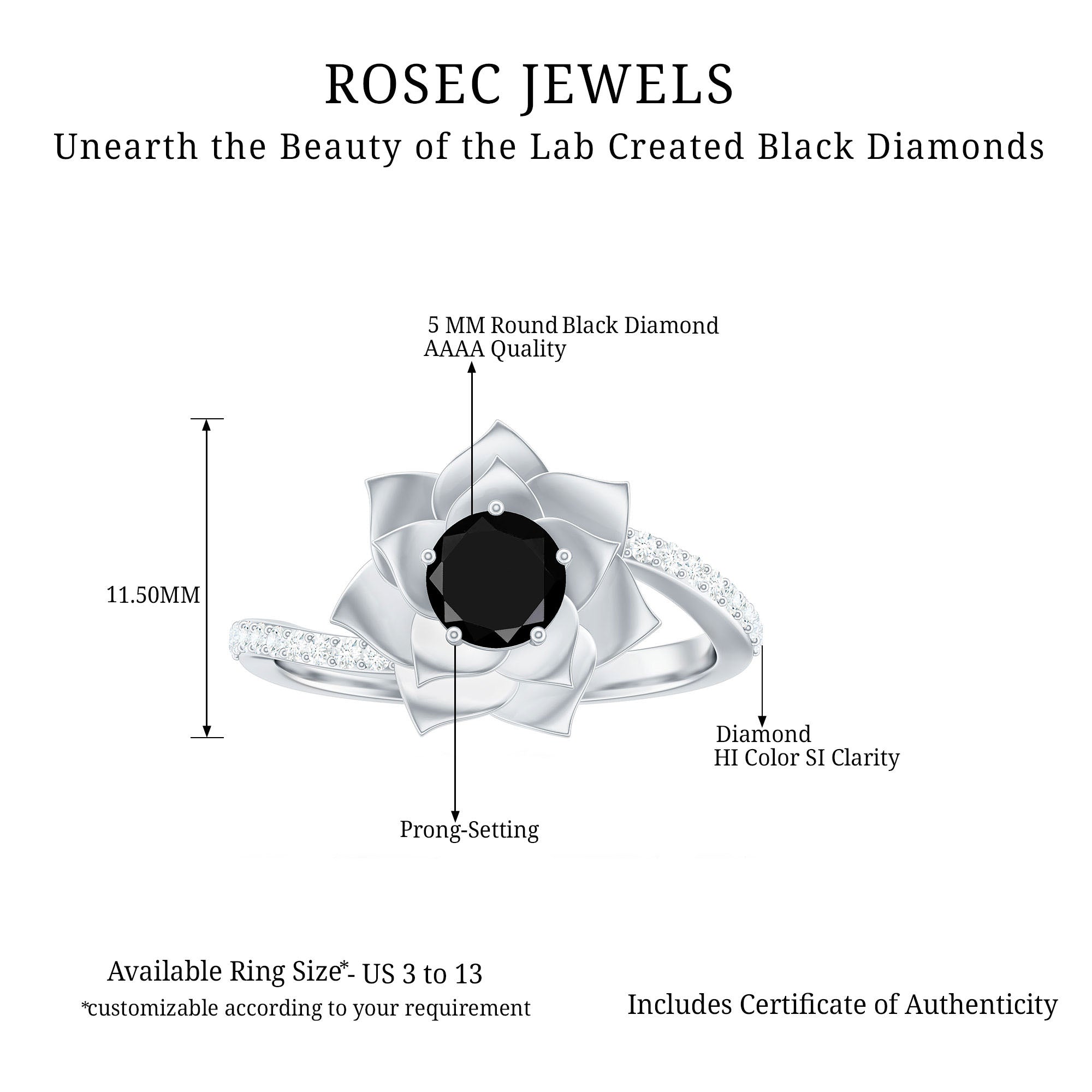 Certified 0.8 Carat Lab Grown Black Diamond Flower Engagement Ring with White Diamond AAAA ( Synthetic ) - Rosec Jewels