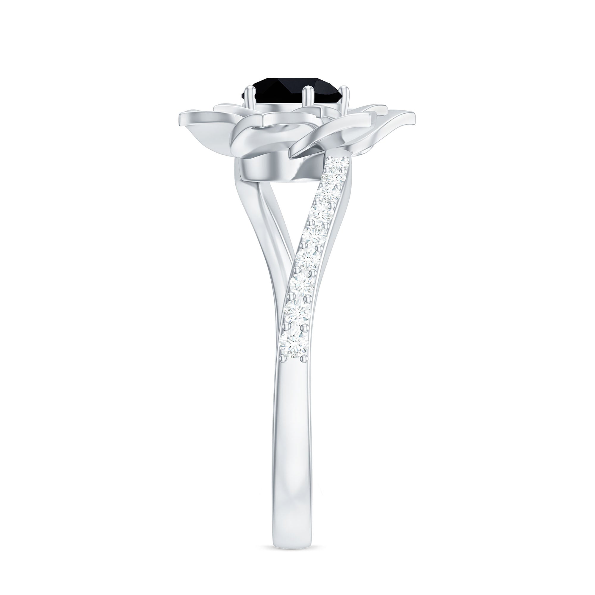 Certified 0.8 Carat Lab Grown Black Diamond Flower Engagement Ring with White Diamond AAAA ( Synthetic ) - Rosec Jewels
