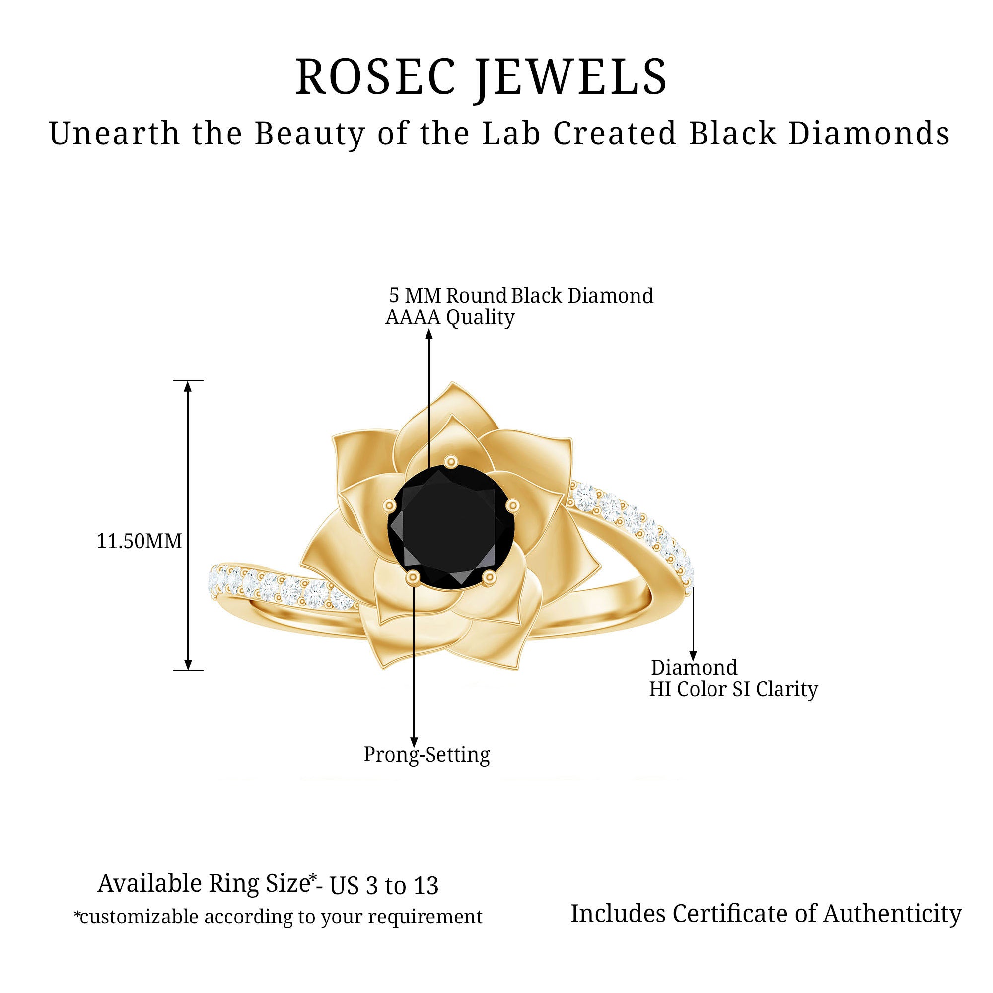 Certified 0.8 Carat Lab Grown Black Diamond Flower Engagement Ring with White Diamond AAAA ( Synthetic ) - Rosec Jewels