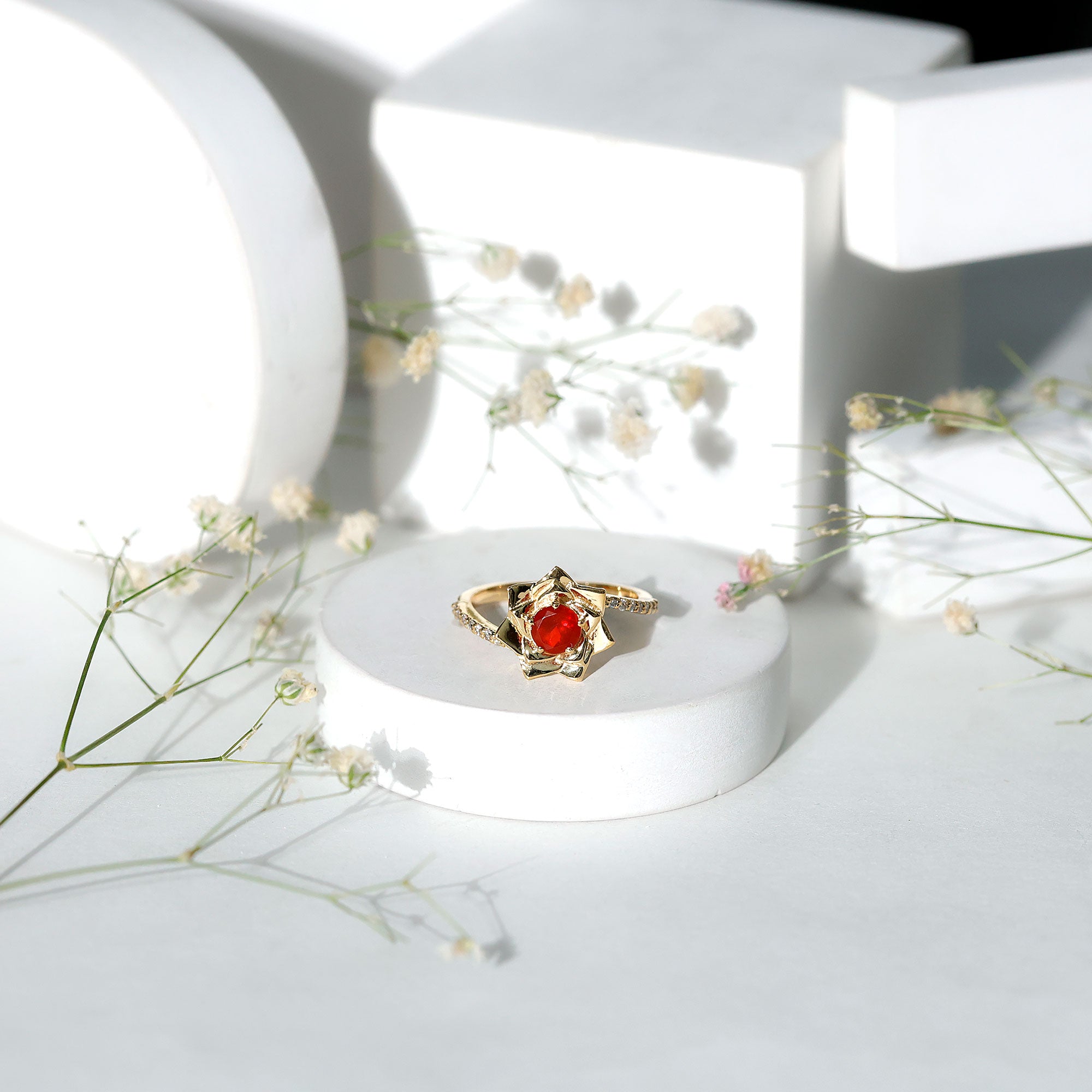 Rosec Jewels-Flower Inspired Fire Opal Engagement Ring with Diamond