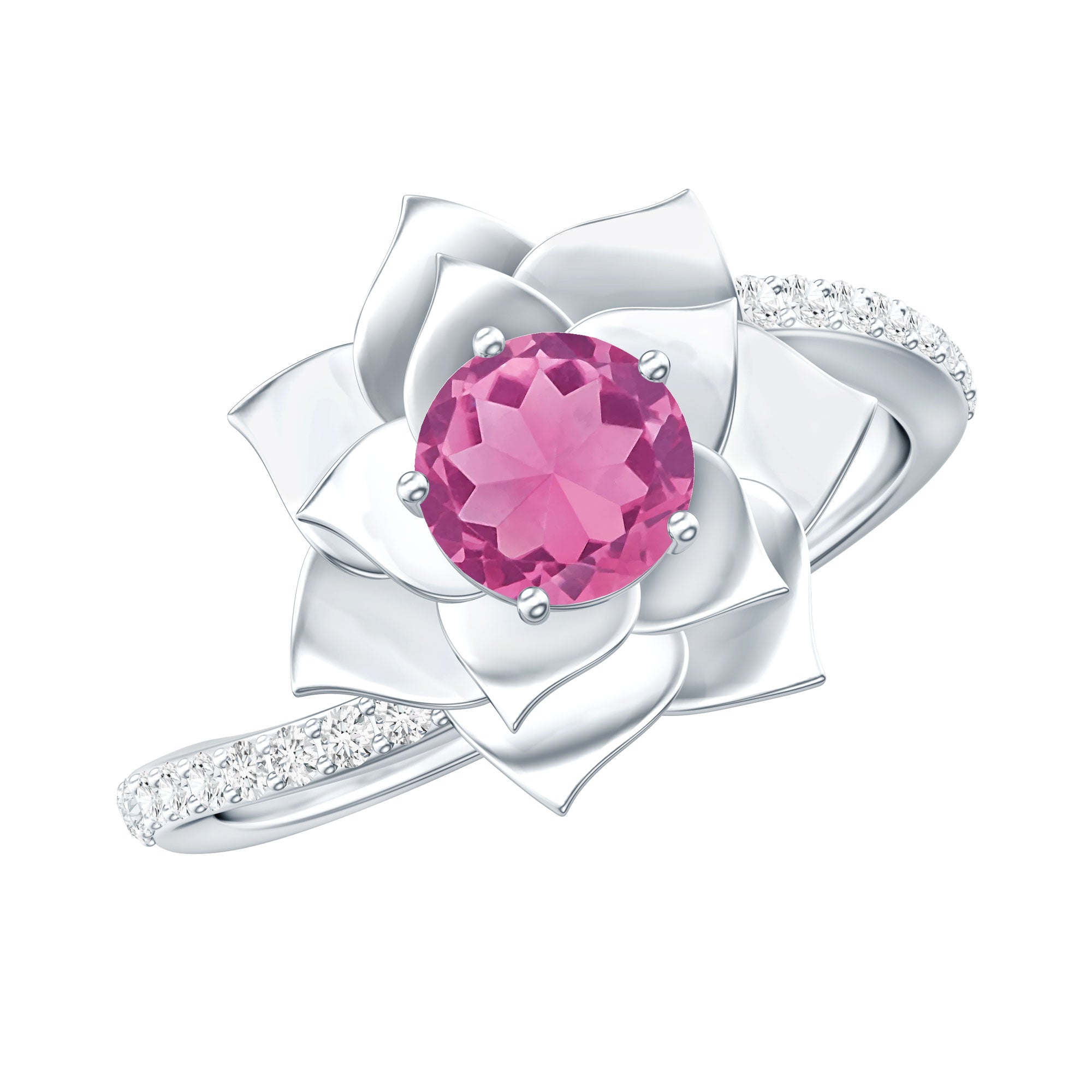 Pink Tourmaline and Diamond Flower Engagement Ring with Bypass Shank AAA - Rosec Jewels