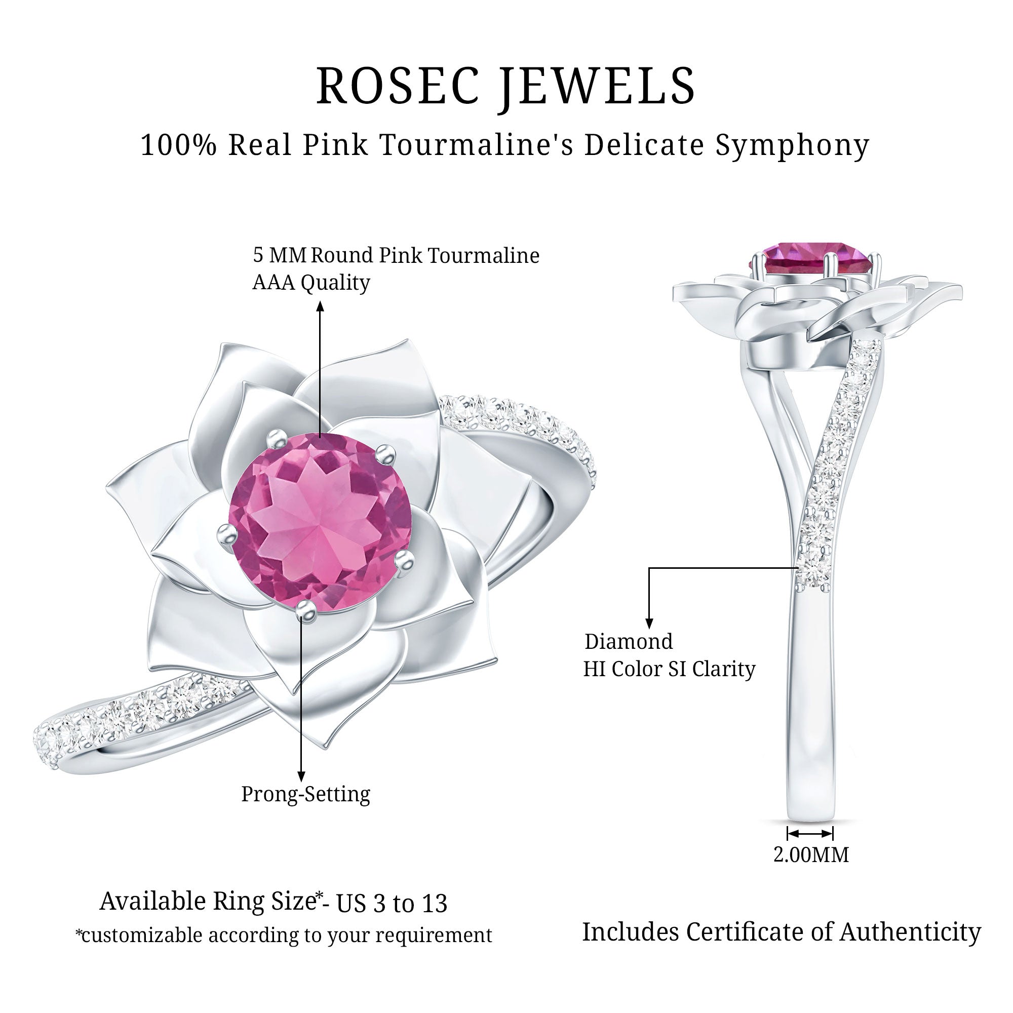 Pink Tourmaline and Diamond Flower Engagement Ring with Bypass Shank AAA - Rosec Jewels