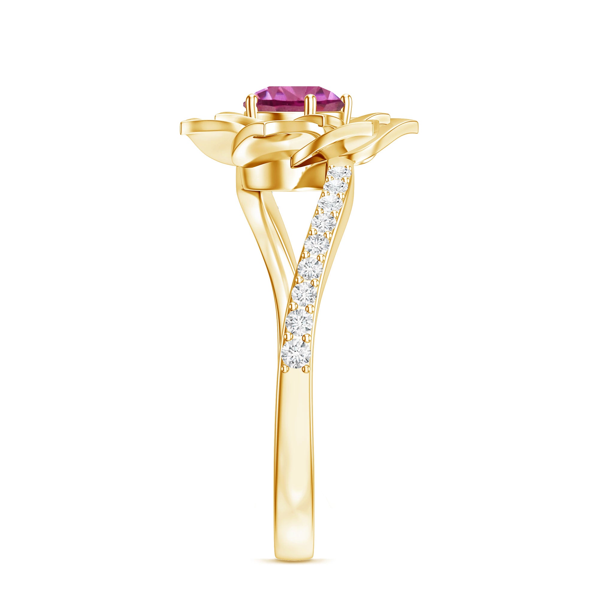 Pink Tourmaline and Diamond Flower Engagement Ring with Bypass Shank AAA - Rosec Jewels