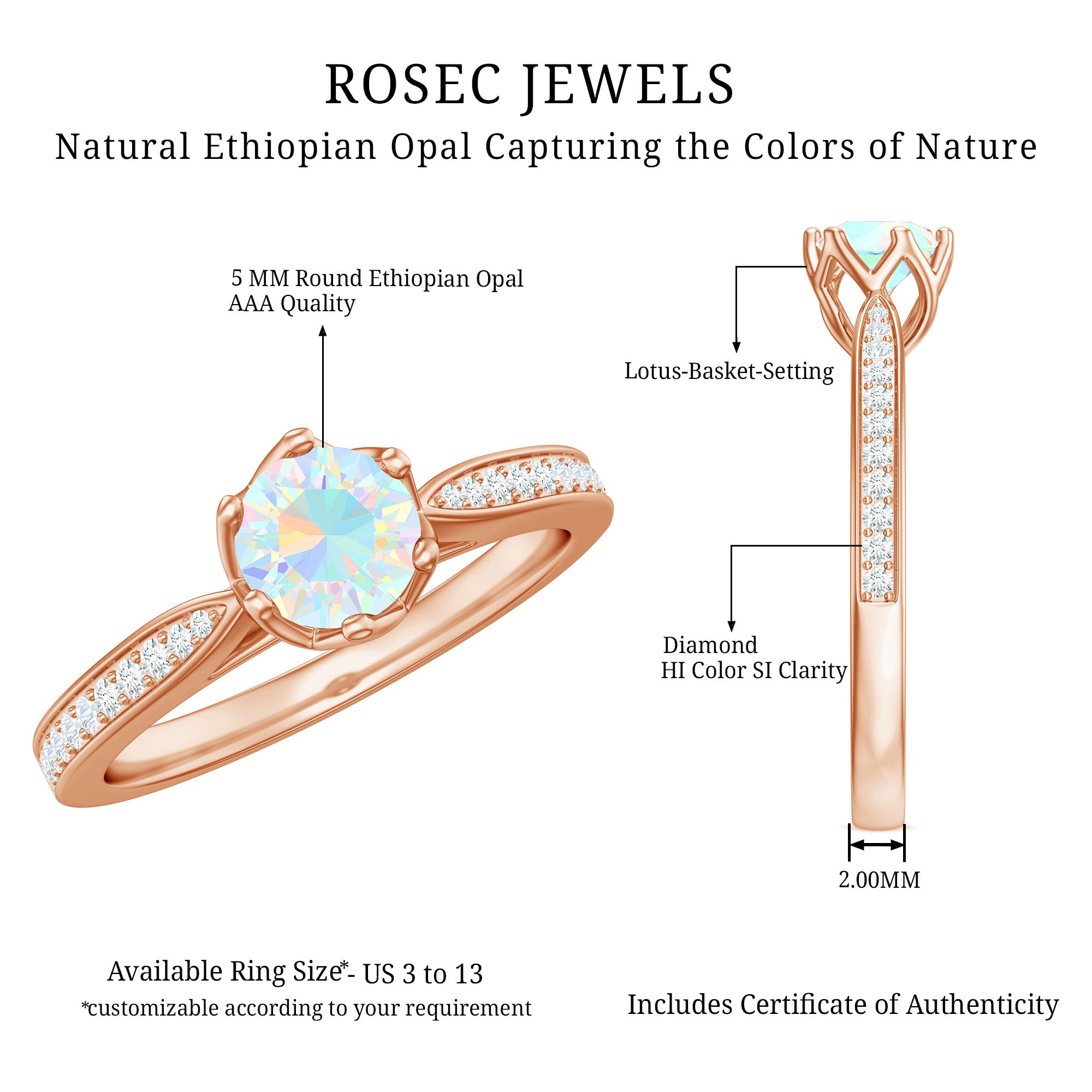 Genuine Ethiopian Rainbow Opal Engagement Ring with Diamond Side Stones AAA - Rosec Jewels