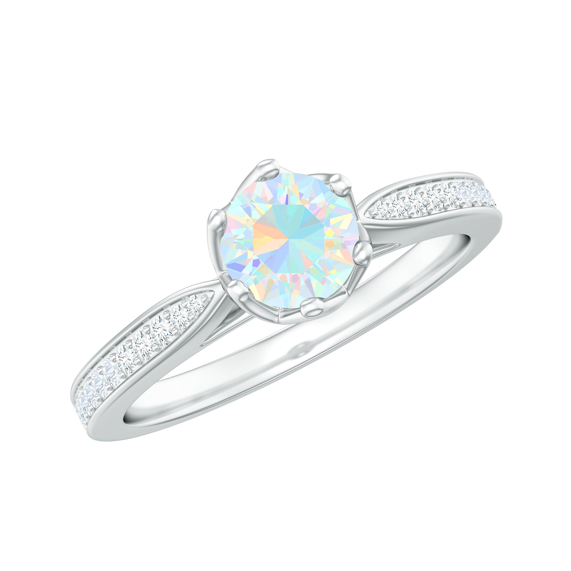 Genuine Ethiopian Rainbow Opal Engagement Ring with Diamond Side Stones