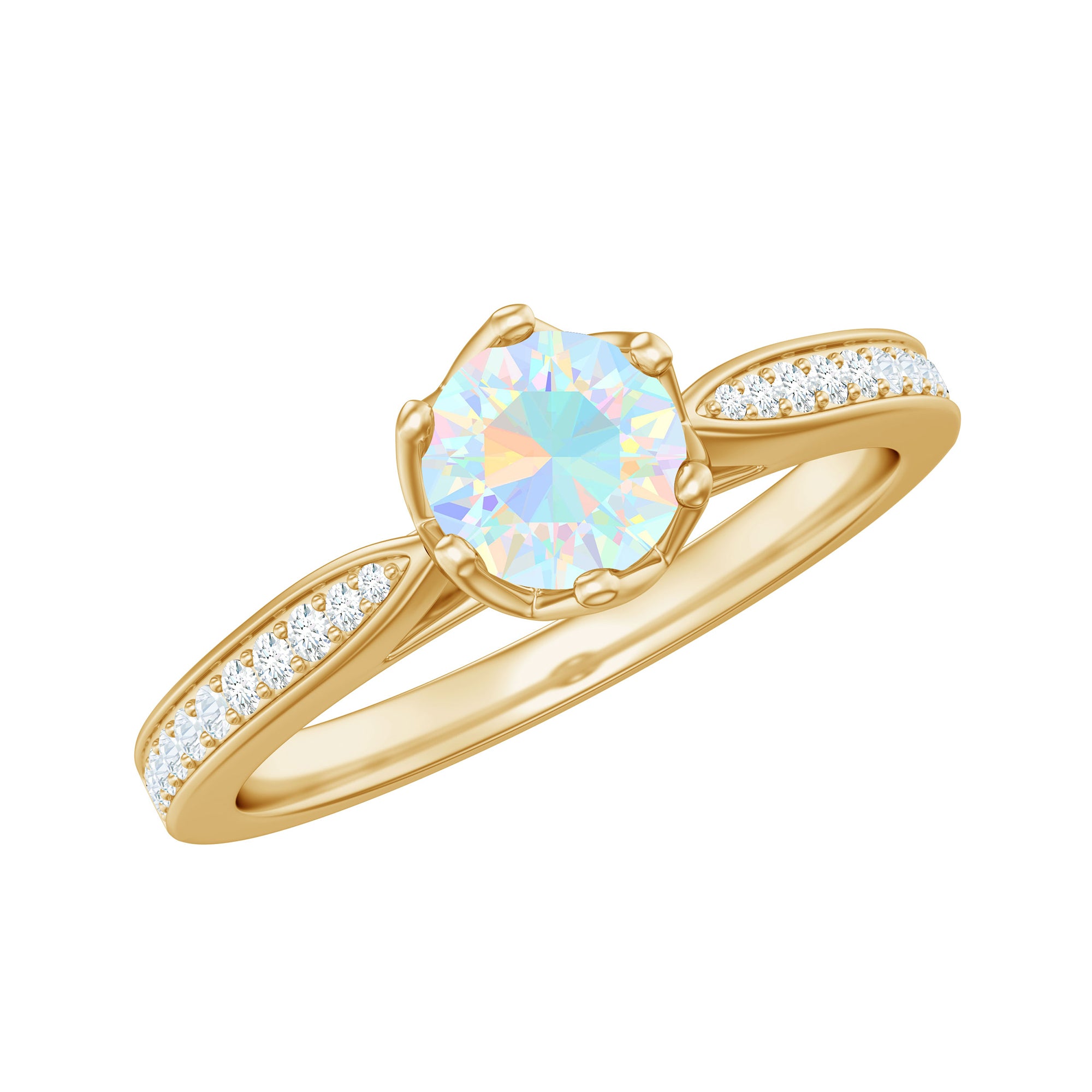Genuine Ethiopian Rainbow Opal Engagement Ring with Diamond Side Stones AAA - Rosec Jewels