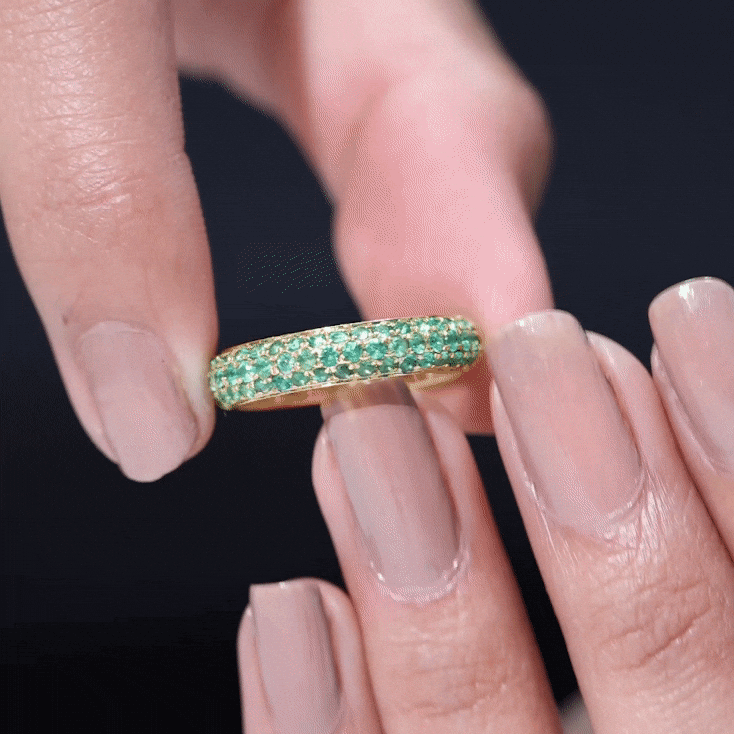 Pave Set Emerald Semi Eternity Band Ring Emerald - ( AAA ) - Quality - Rosec Jewels