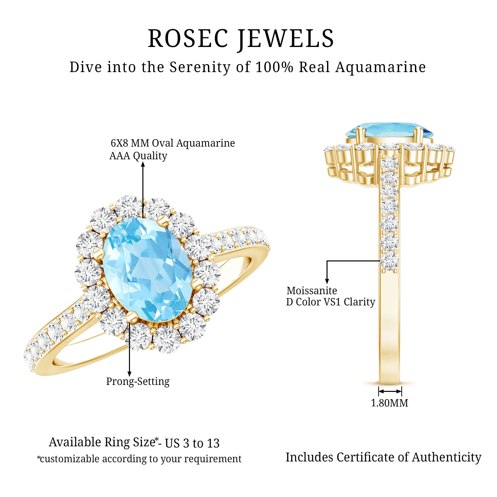 Real 1 Carat Oval Shape Aquamarine Halo Engagement Ring with Certificate AAA - Rosec Jewels