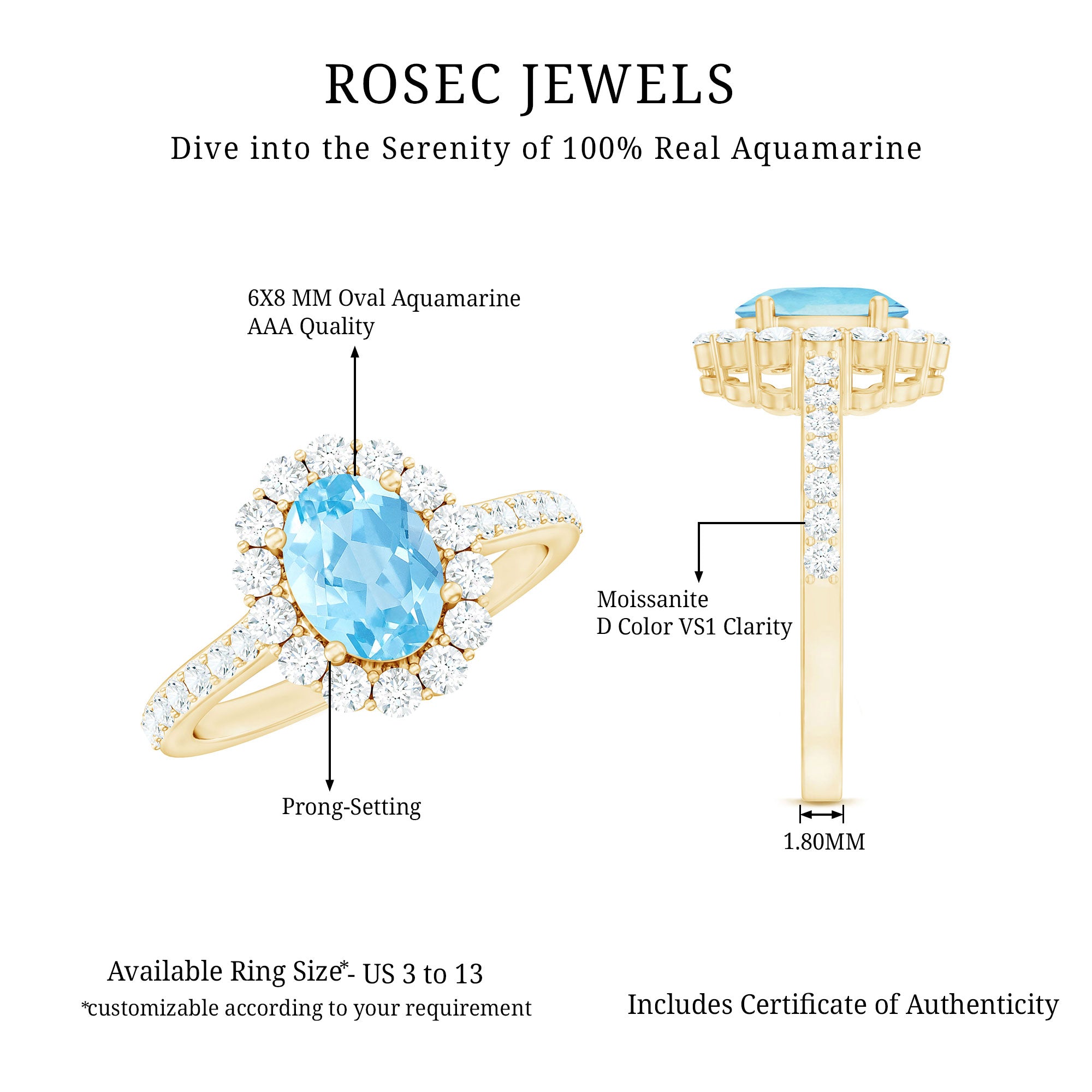 Rosec Jewels-Real 1 Carat Oval Shape Aquamarine Halo Engagement Ring with Certificate