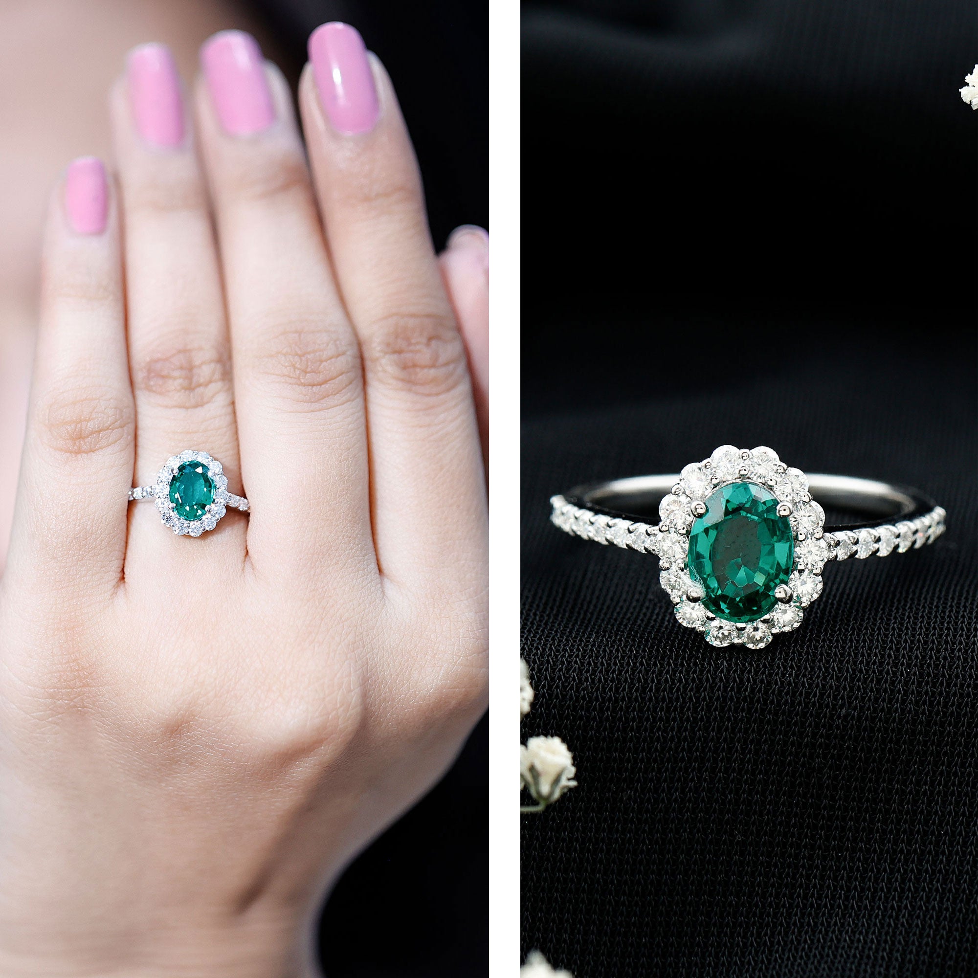 Certified 1.2 Carat Oval Lab Grown Emerald Halo Engagement Ring AAAA - Rosec Jewels