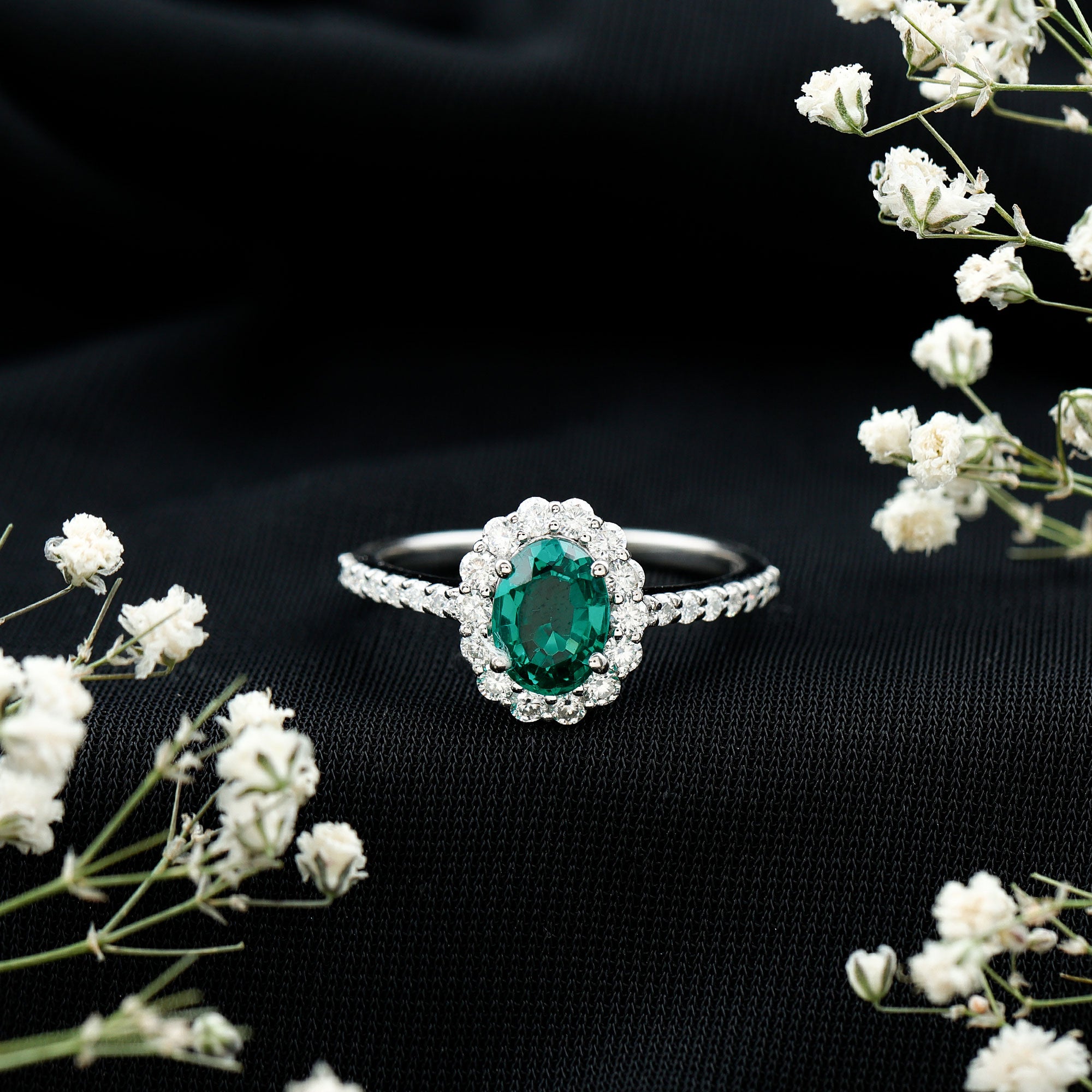 Certified 1.2 Carat Oval Lab Grown Emerald Halo Engagement Ring AAAA - Rosec Jewels