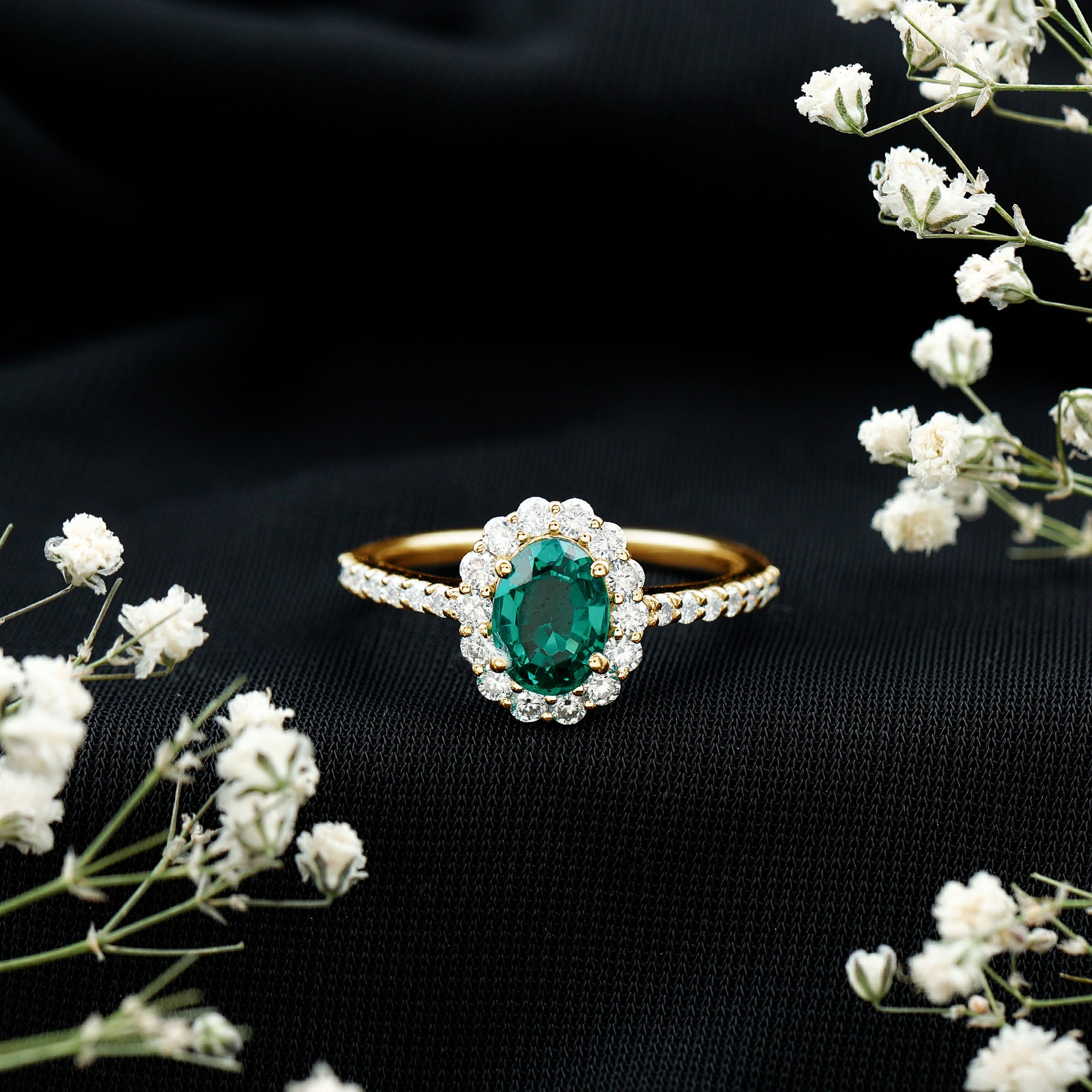 Certified 1.2 Carat Oval Lab Grown Emerald Halo Engagement Ring AAAA - Rosec Jewels