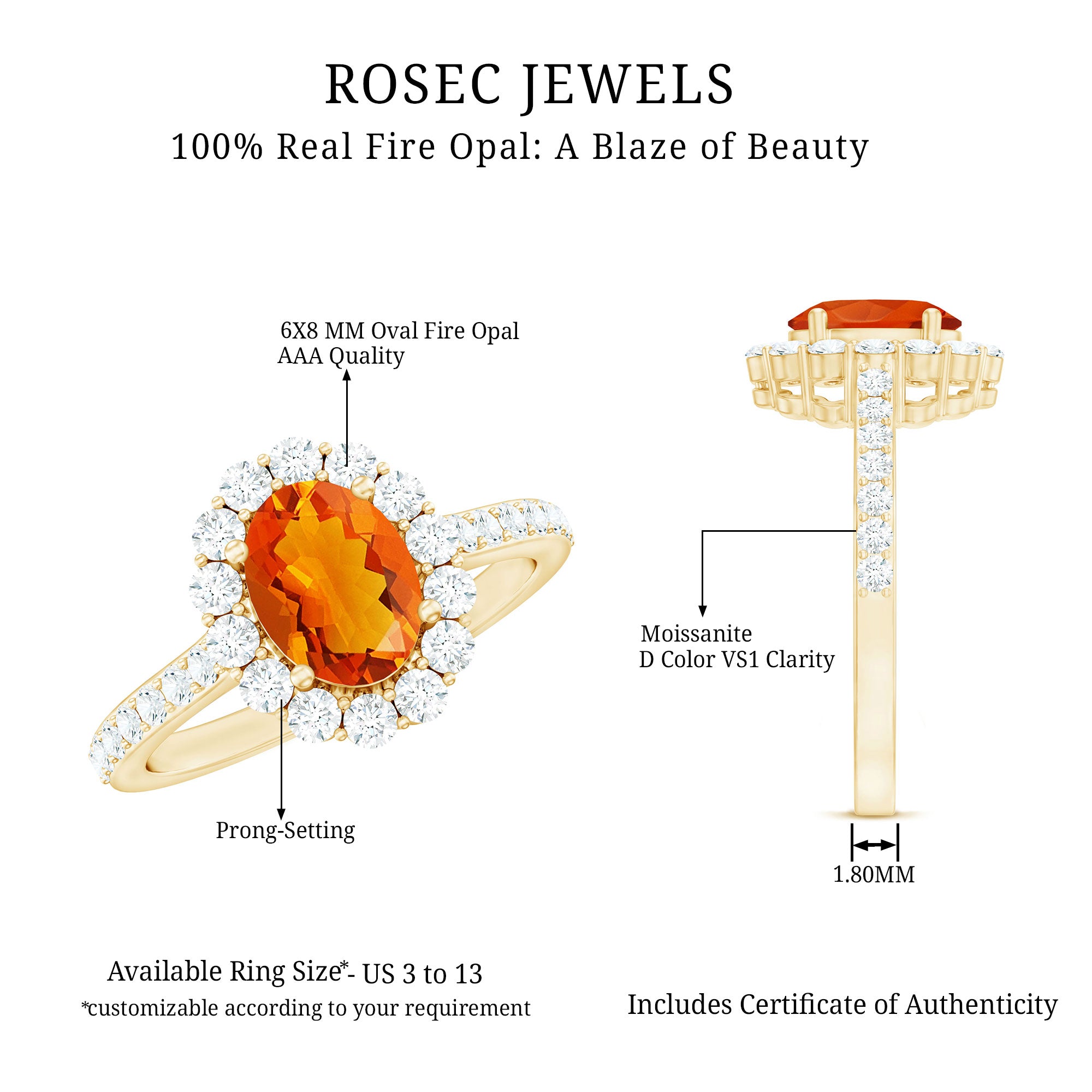 Rosec Jewels-Orange Fire Opal Oval Shape Engagement Ring with Moissanite