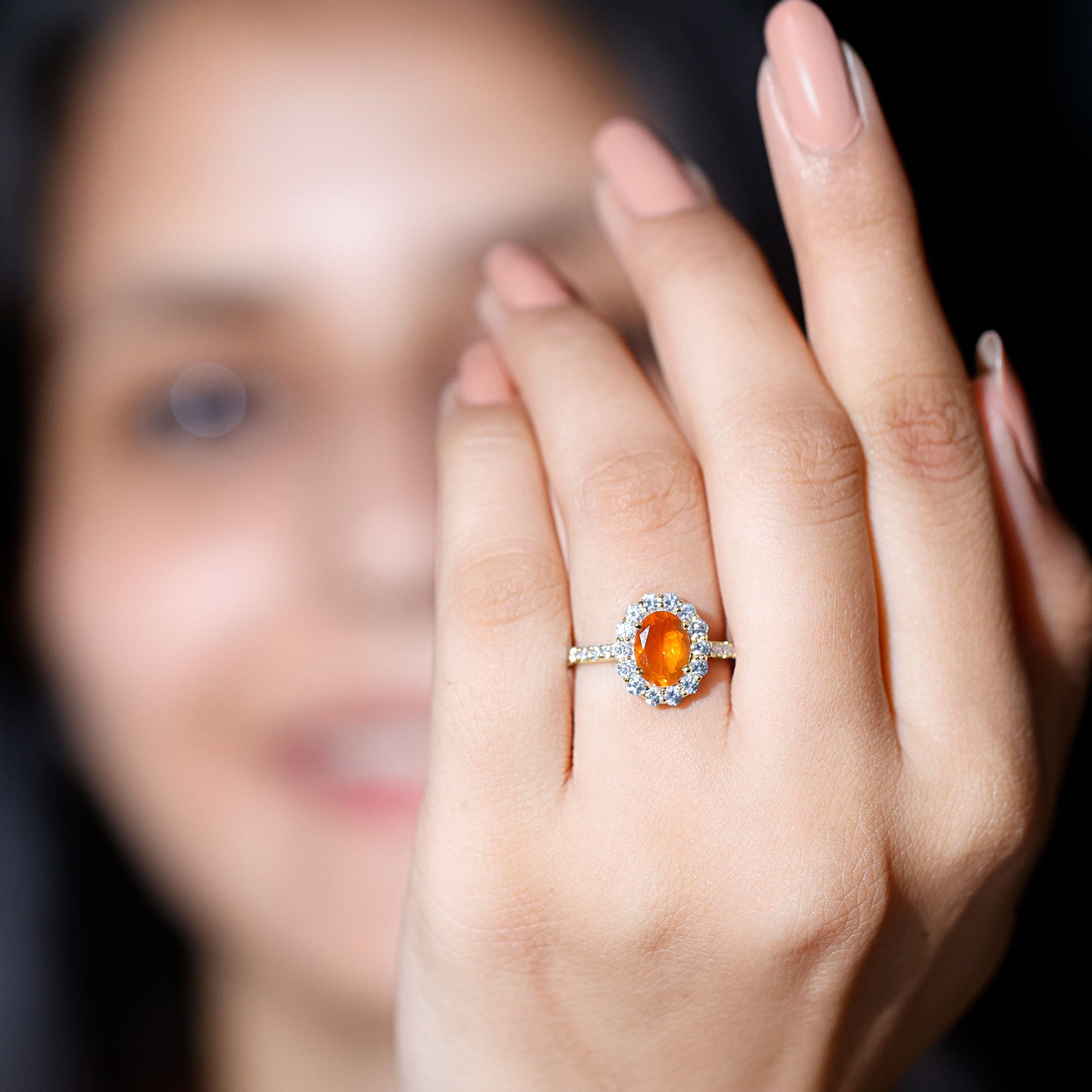 Rosec Jewels-Orange Fire Opal Oval Shape Engagement Ring with Moissanite