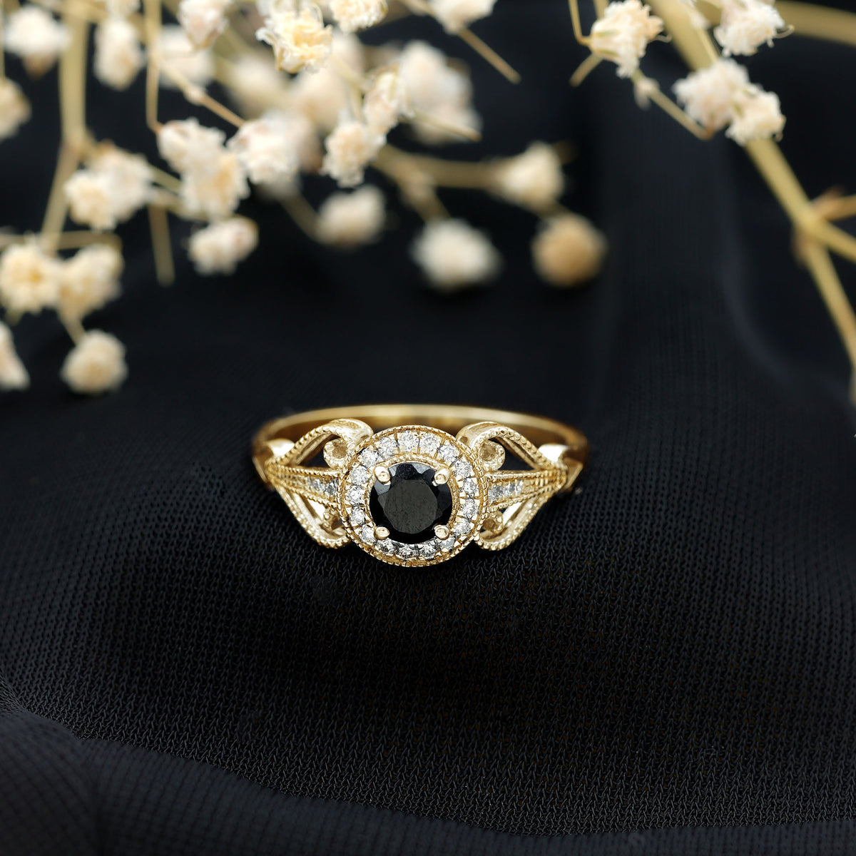 Vintage Inspired Black Spinel and Diamond Engagement Ring AAA - Rosec Jewels