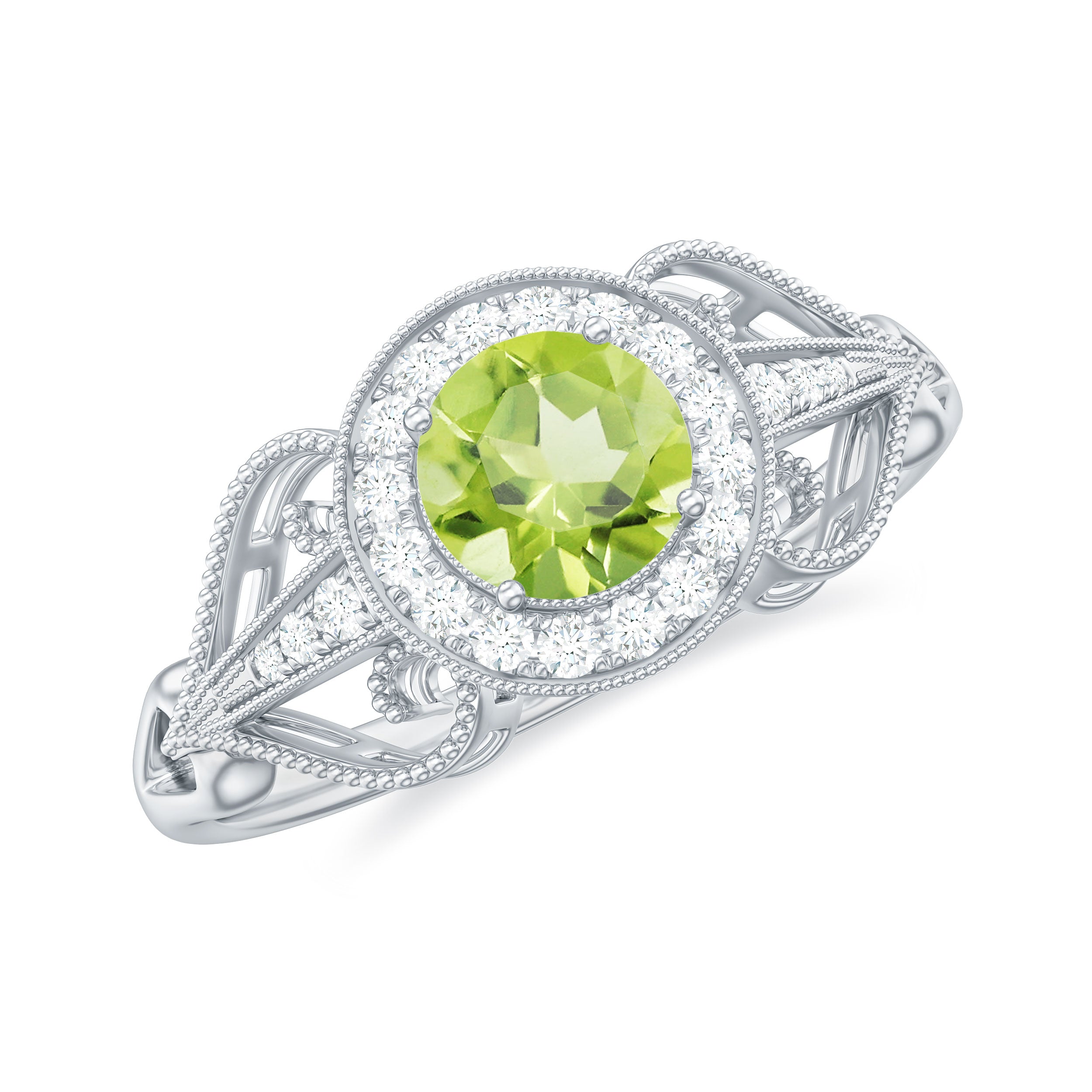 Vintage Inspired Peridot and Diamond Engagement Ring with Gold Beaded