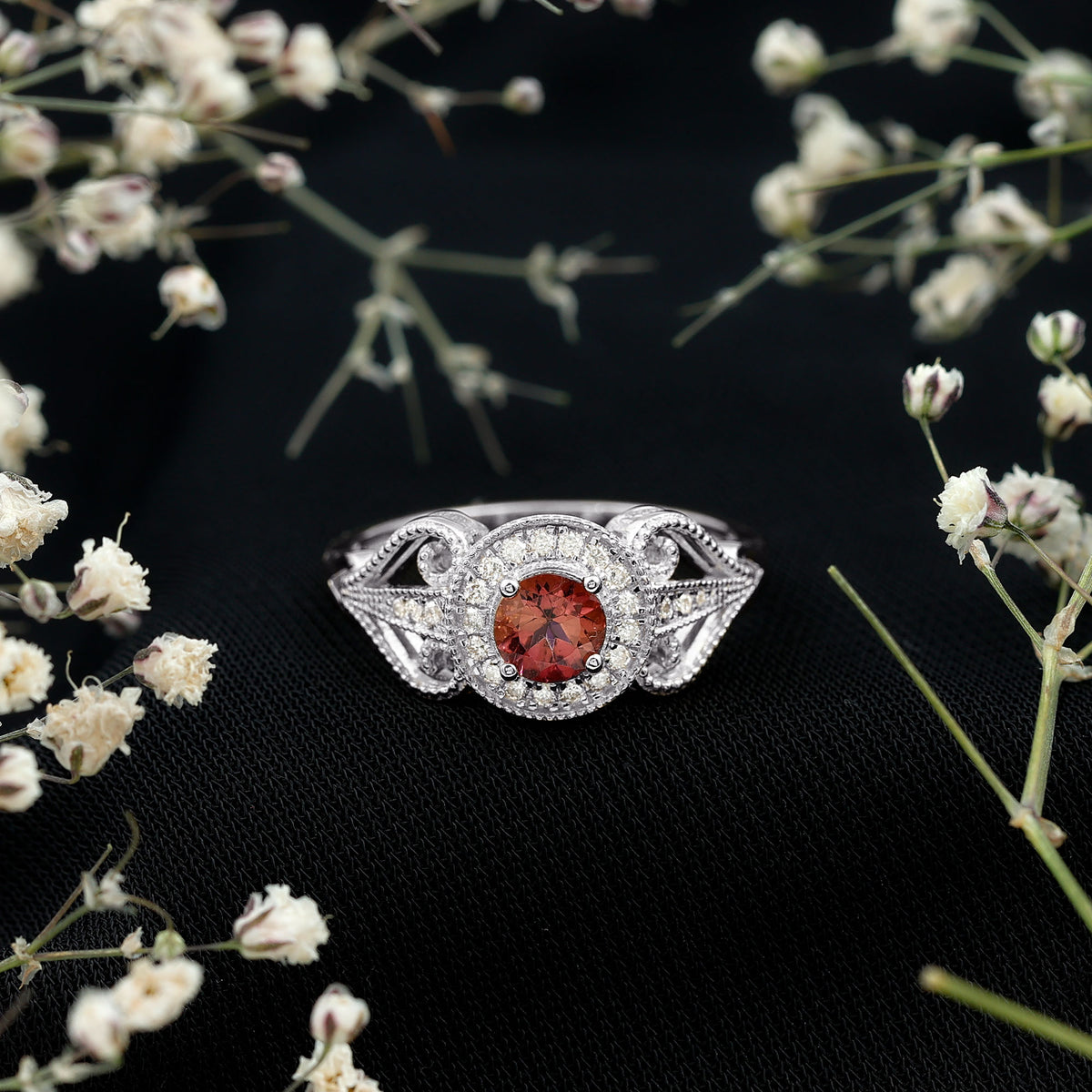 Vintage Pink Tourmaline Diamond Engagement Ring with Halo AAA - Rosec Jewels