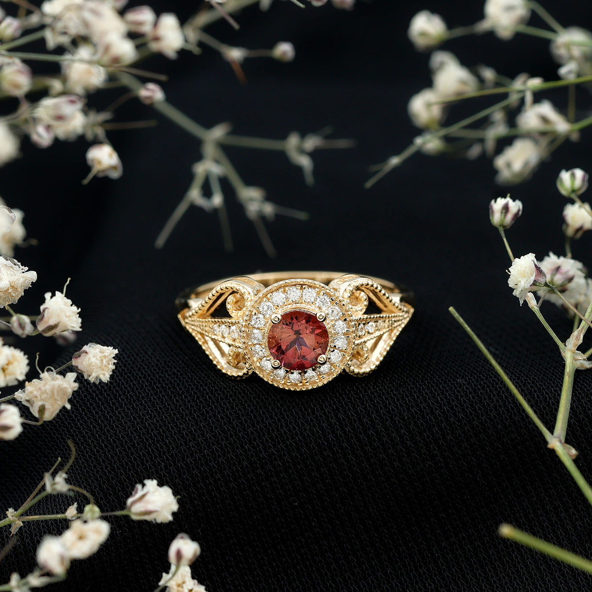 Vintage Pink Tourmaline Diamond Engagement Ring with Halo AAA - Rosec Jewels