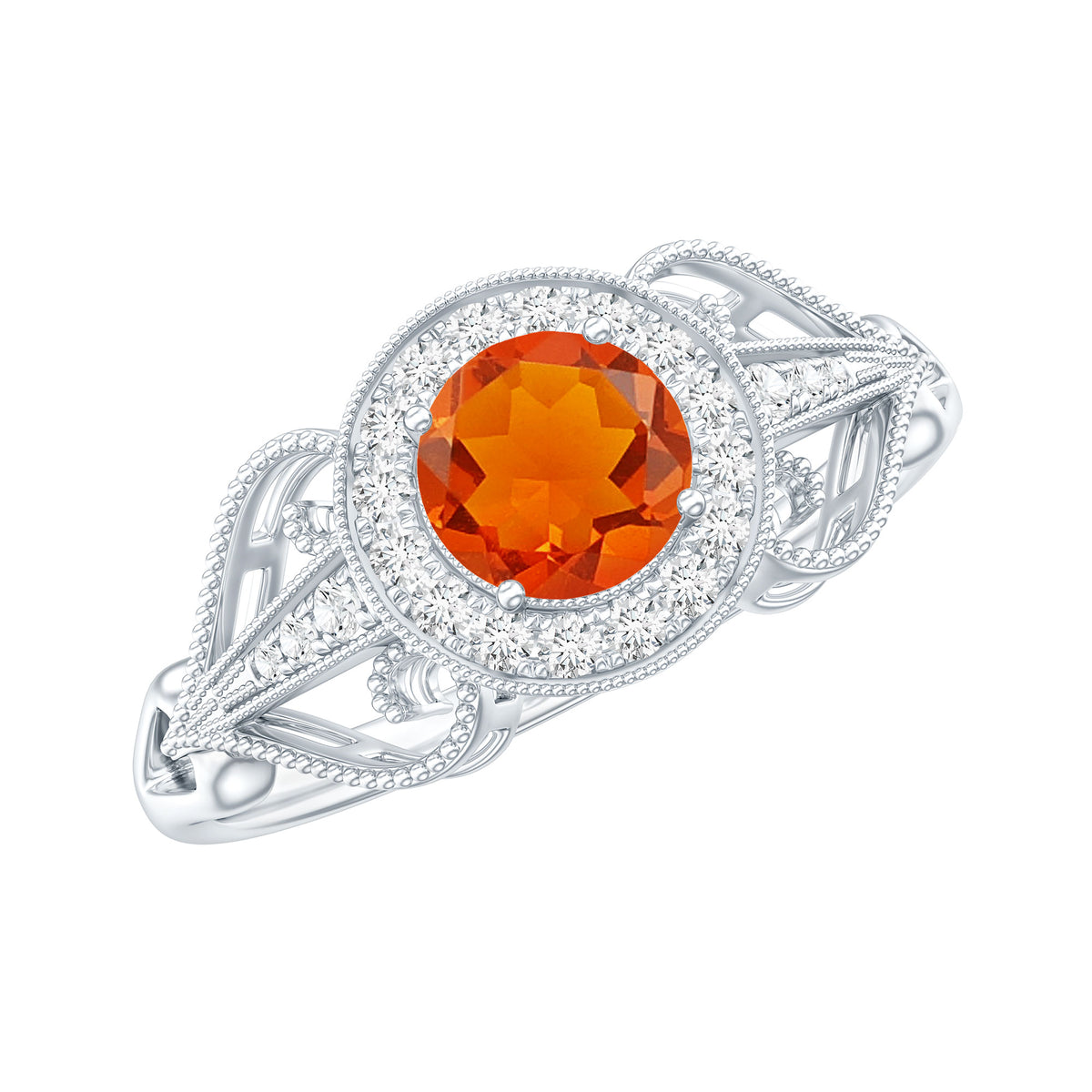 Real 0.45 Carat Fire Opal and Diamond Vintage Inspired Engagement Ring AAA - Rosec Jewels