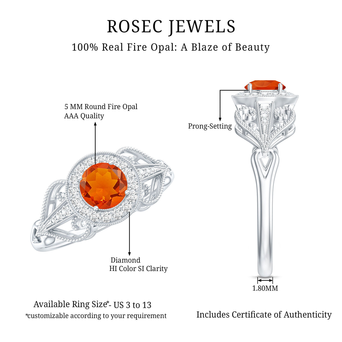 Real 0.45 Carat Fire Opal and Diamond Vintage Inspired Engagement Ring AAA - Rosec Jewels