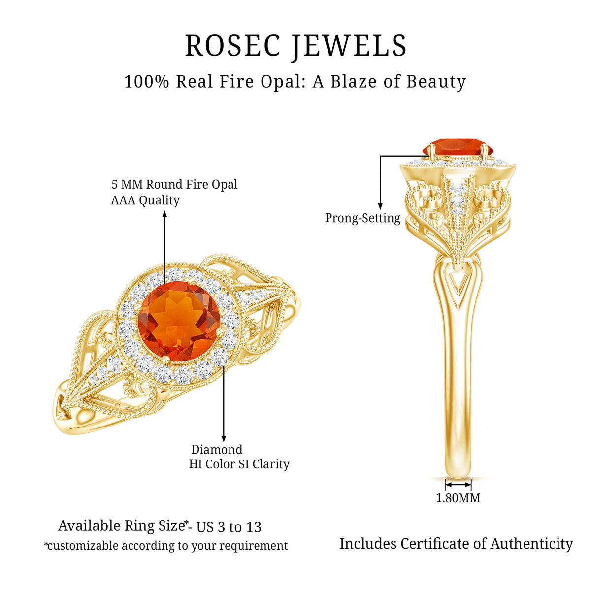 Real 0.45 Carat Fire Opal and Diamond Vintage Inspired Engagement Ring AAA - Rosec Jewels