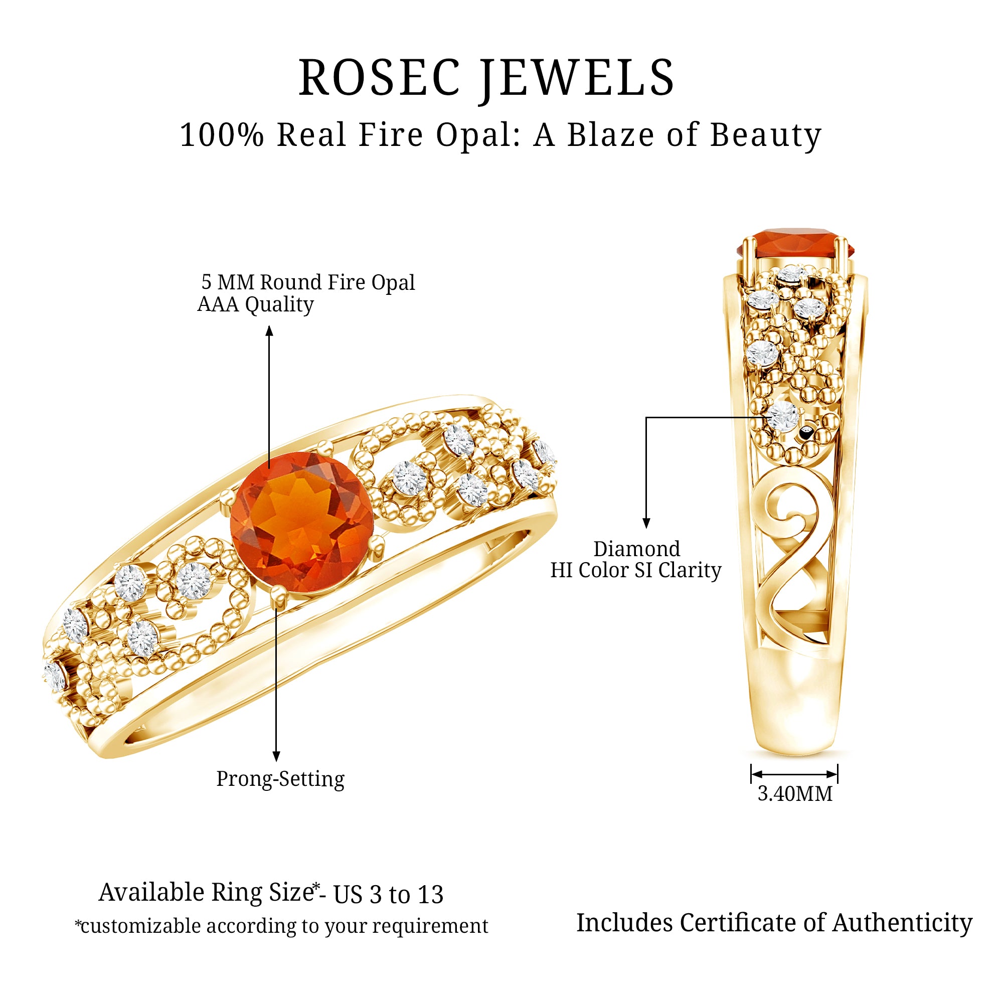 Vintage Style Fire Opal Solitaire Anniversary Band Ring with Diamond AAA - Rosec Jewels