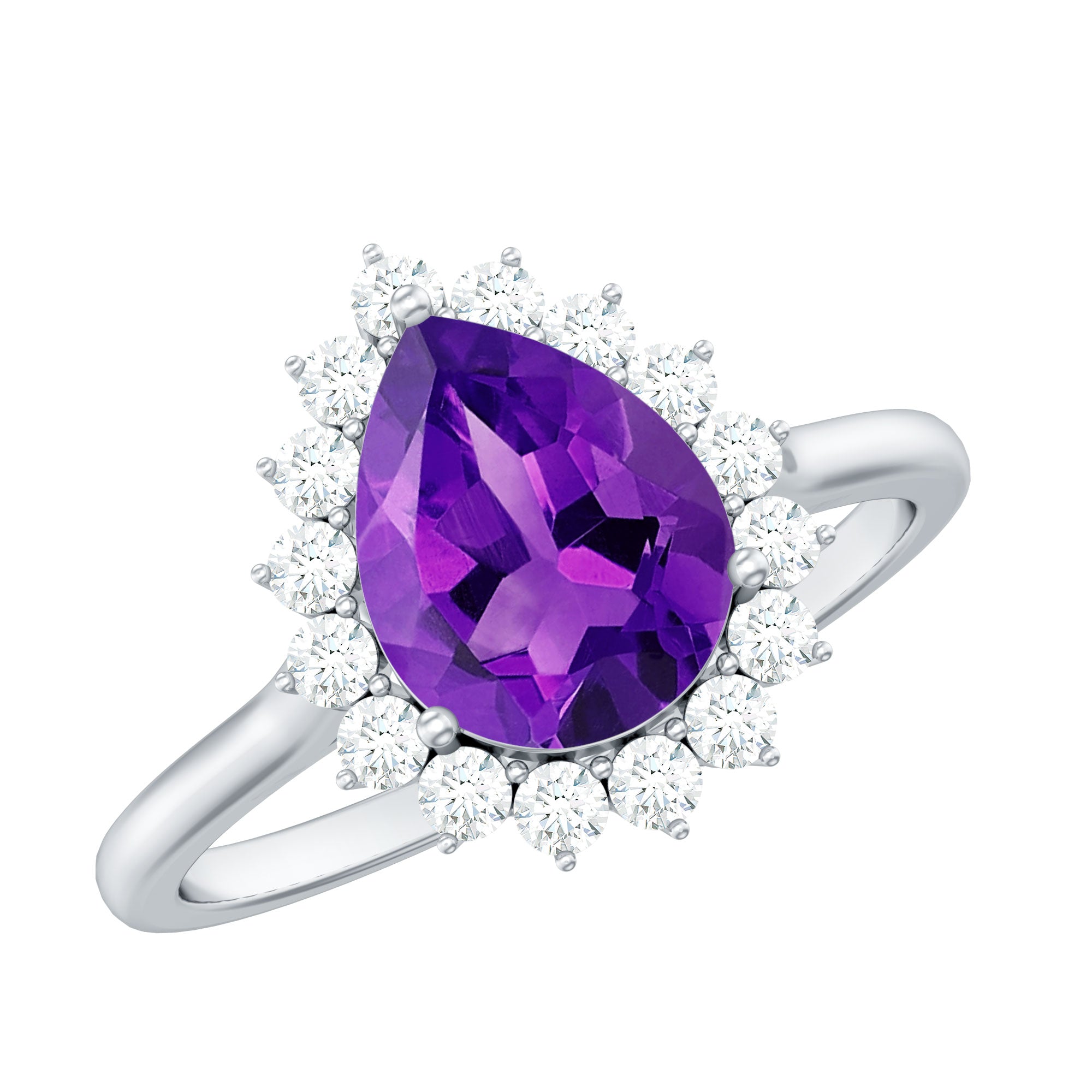 Pear Shape Amethyst Teardrop Ring with Diamond Halo