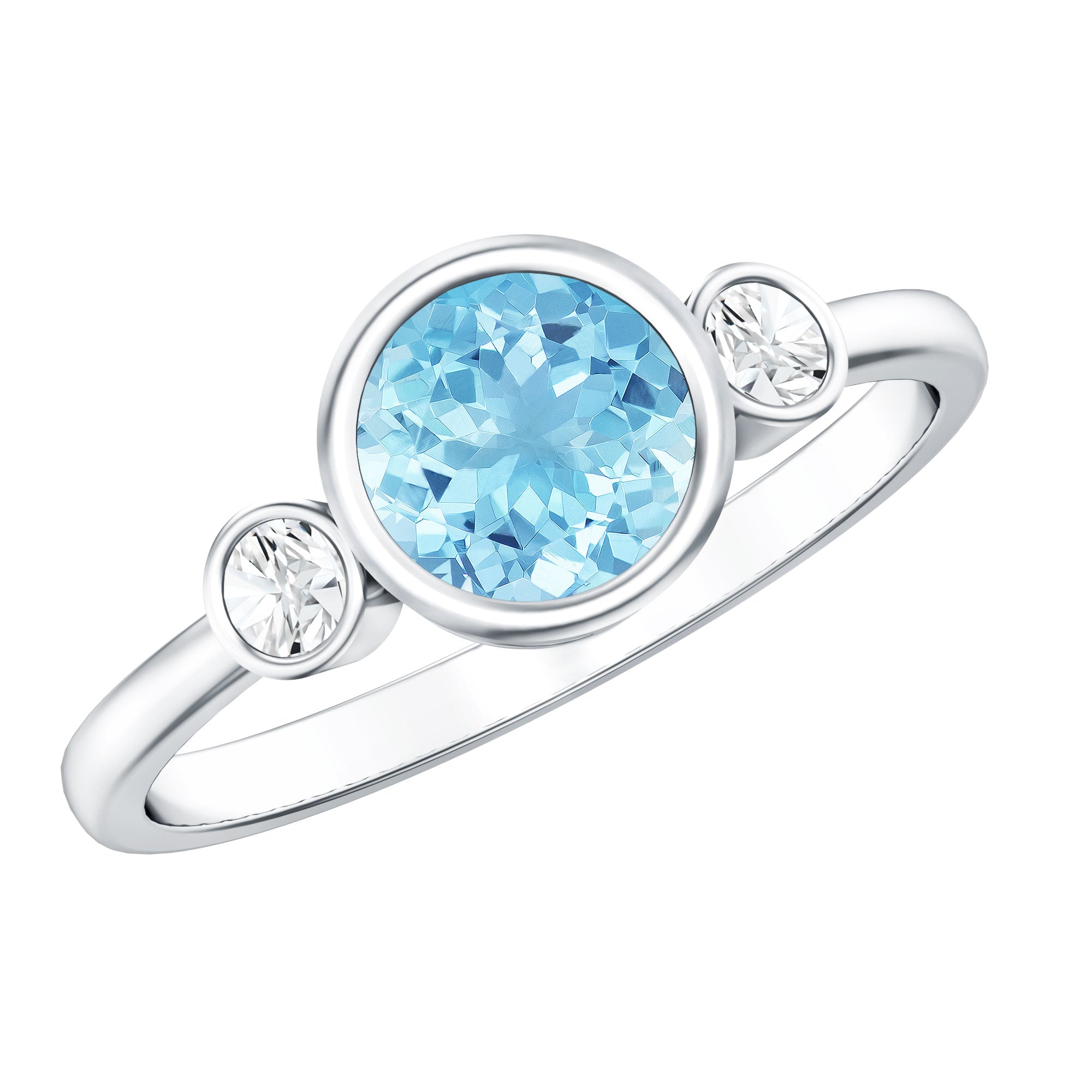 Bezel Set Aquamarine Solitaire Engagement Ring with Diamond AAA - Rosec Jewels