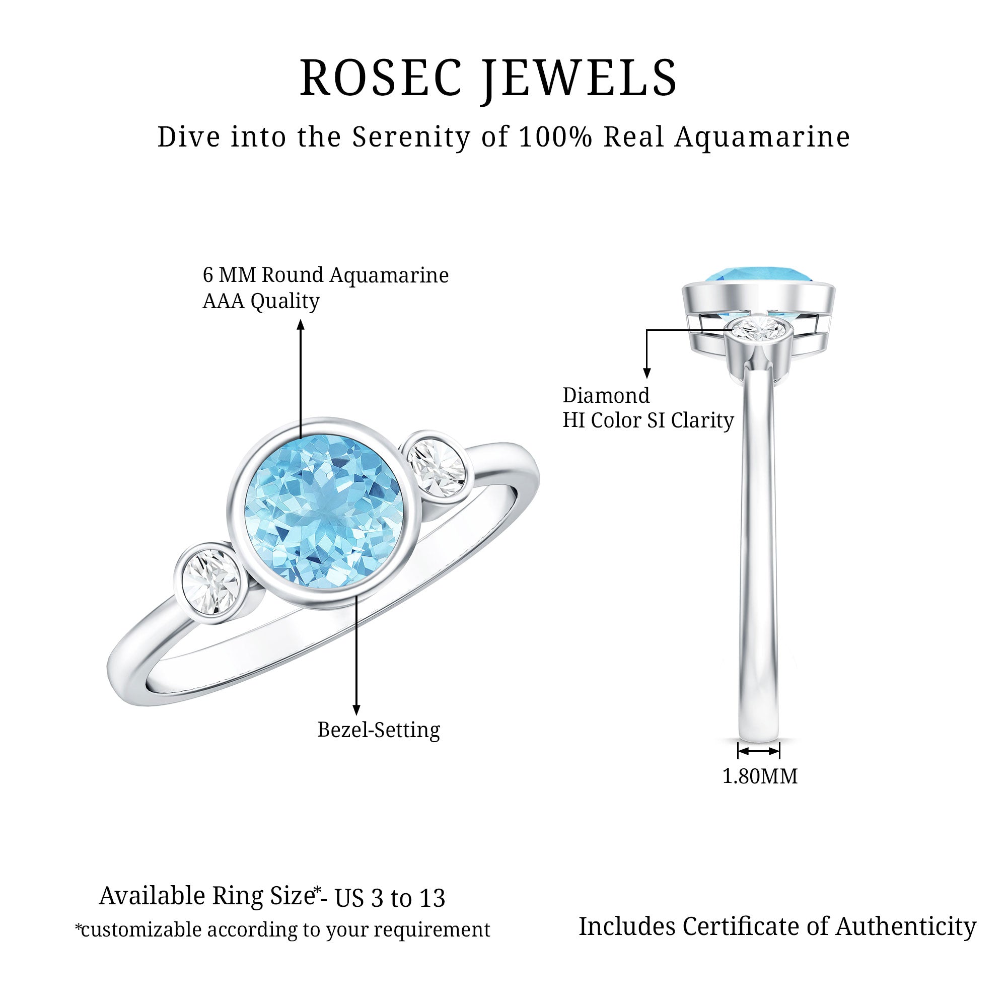 Bezel Set Aquamarine Solitaire Engagement Ring with Diamond AAA - Rosec Jewels