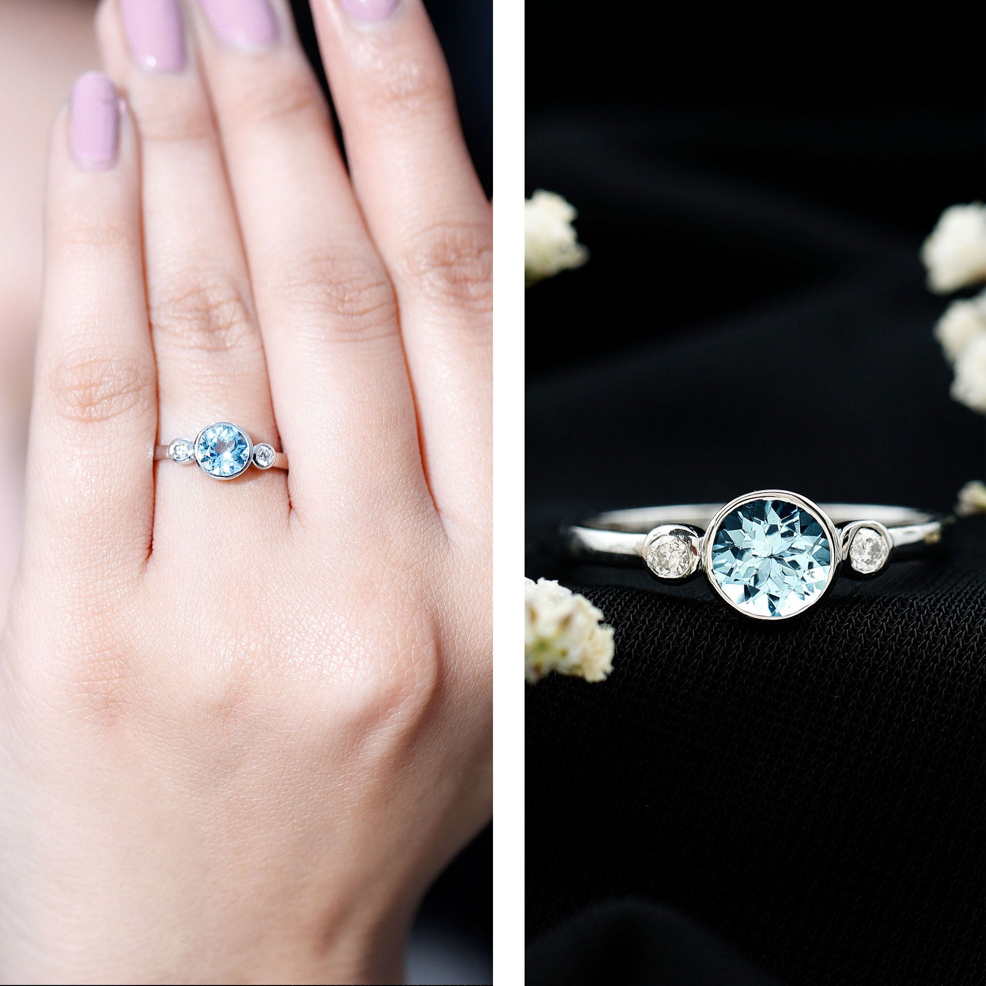 Bezel Set Aquamarine Solitaire Engagement Ring with Diamond AAA - Rosec Jewels