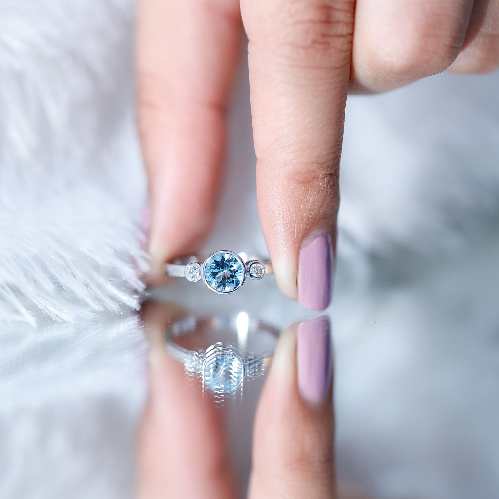 Bezel Set Aquamarine Solitaire Engagement Ring with Diamond AAA - Rosec Jewels