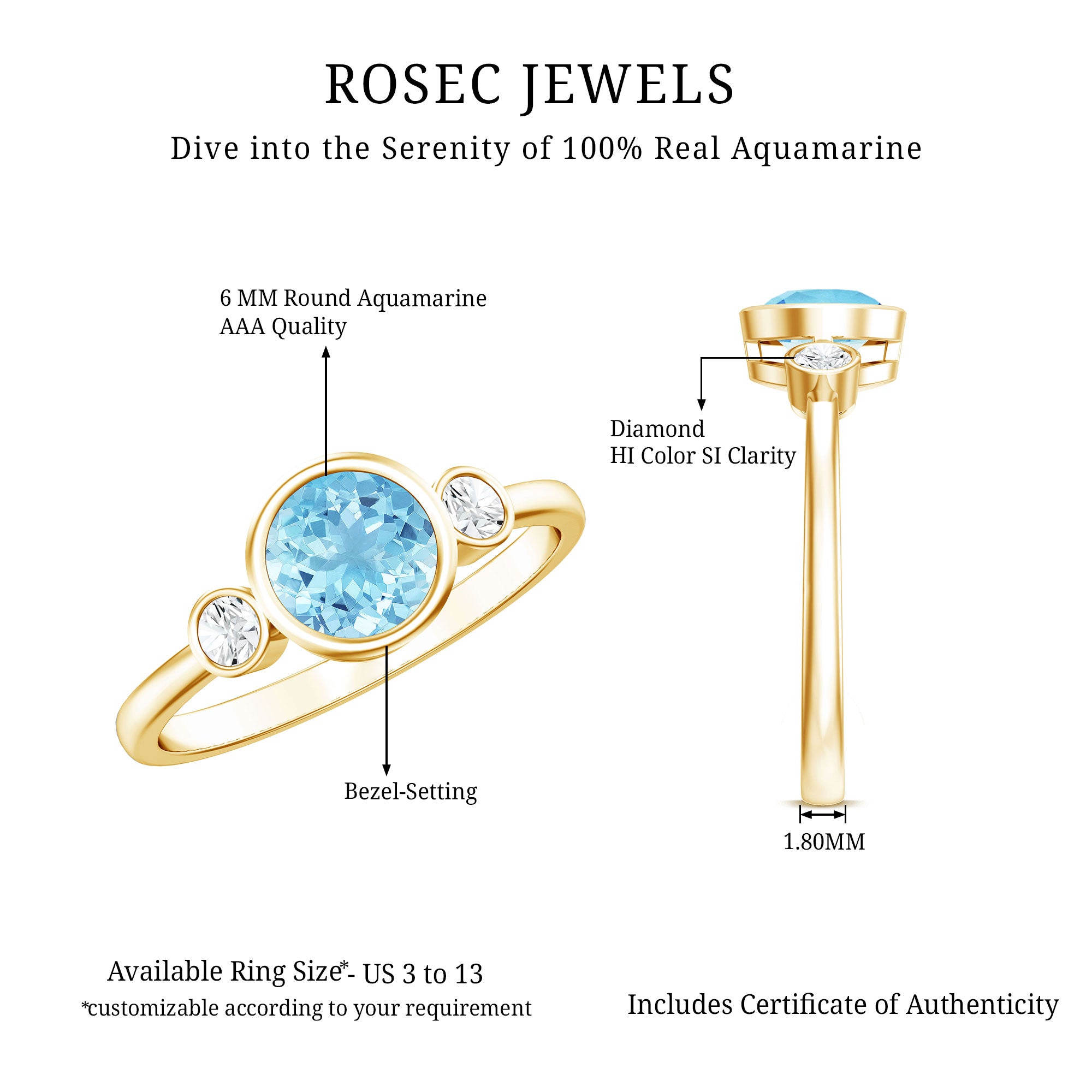 Bezel Set Aquamarine Solitaire Engagement Ring with Diamond AAA - Rosec Jewels