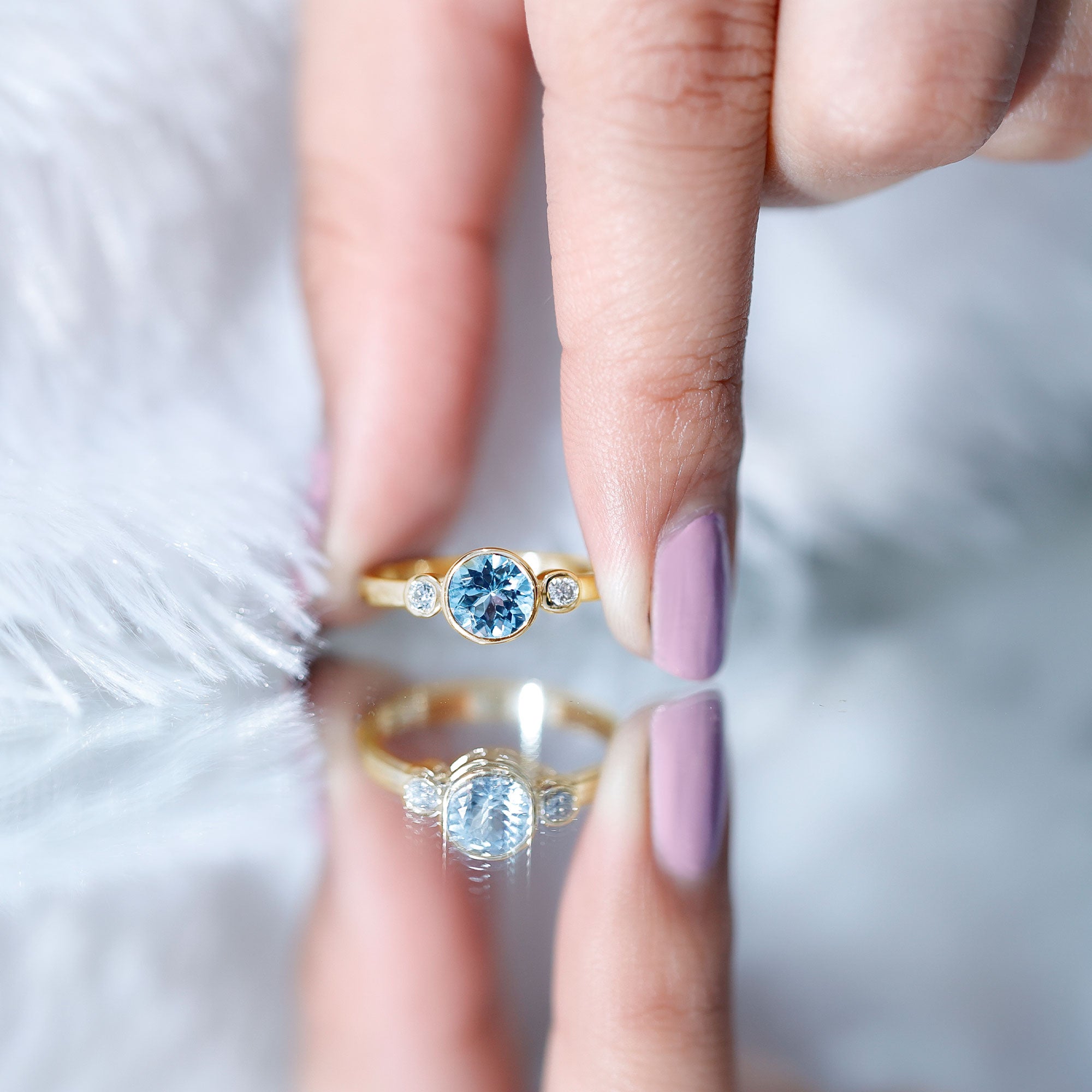 Bezel Set Aquamarine Solitaire Engagement Ring with Diamond AAA - Rosec Jewels