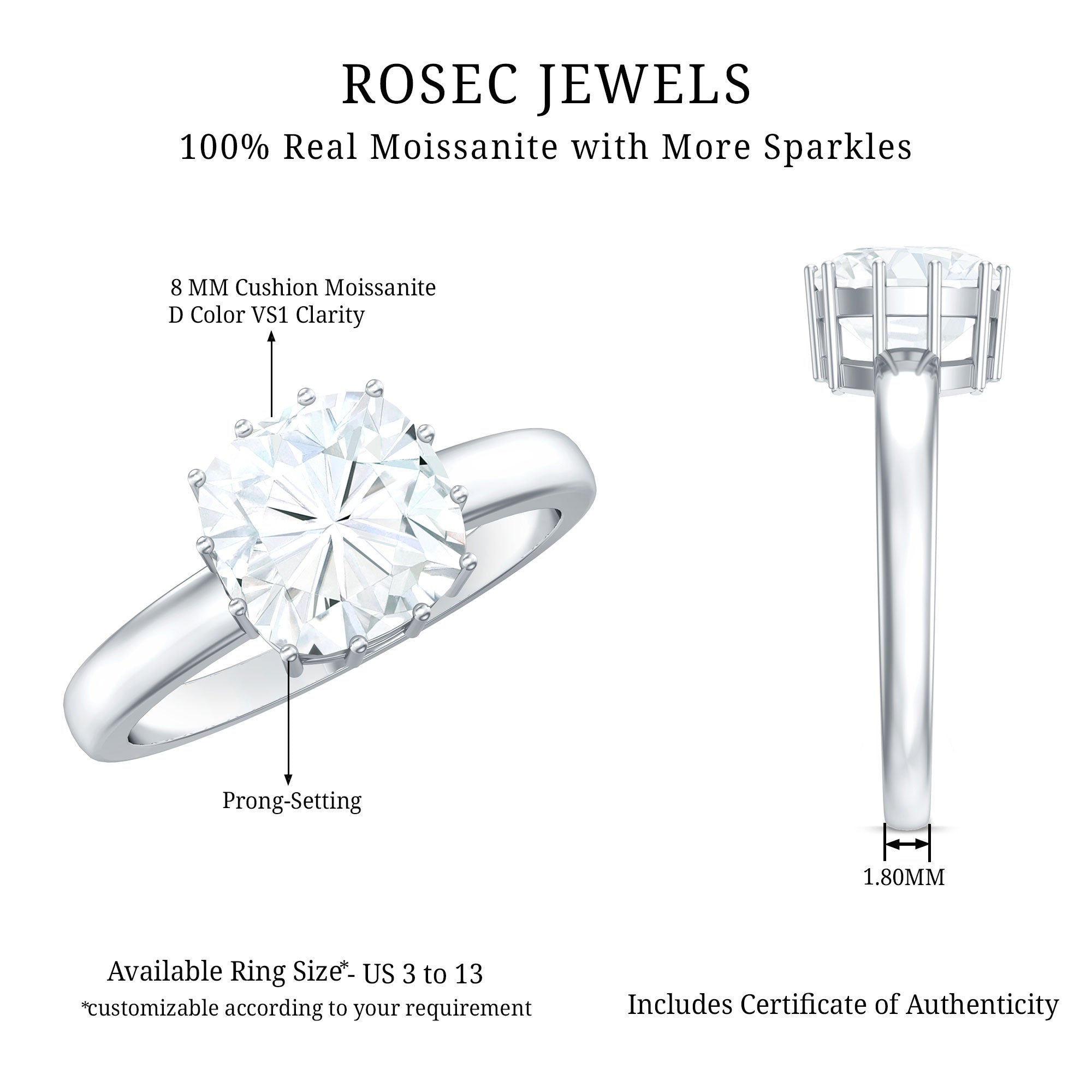 Certified 8 MM Cushion Cut Moissanite Solitaire Engagement Ring D-VS1 - Rosec Jewels