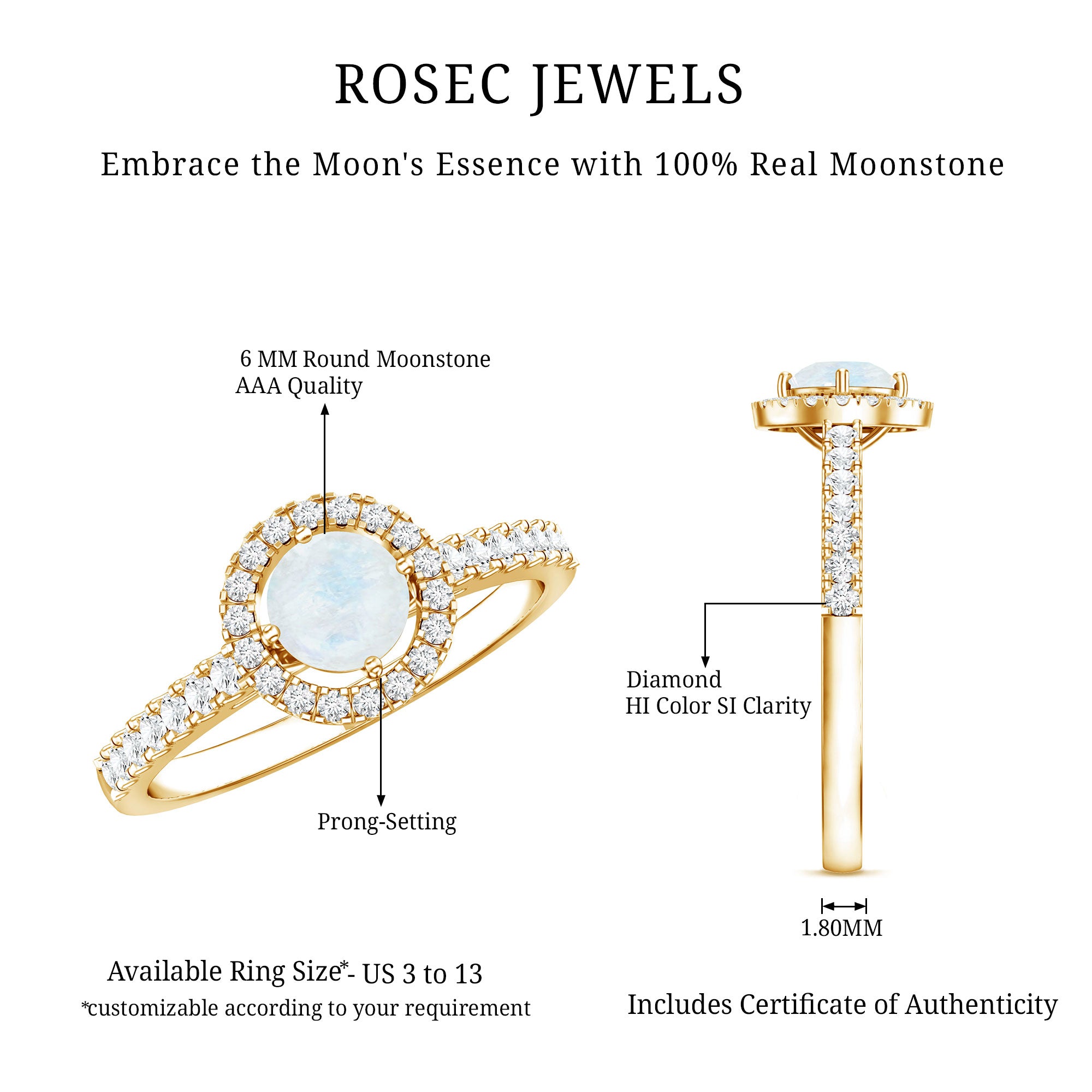 Certified Round Moonstone Halo Engagement Ring With Diamond Accent AAA - Rosec Jewels