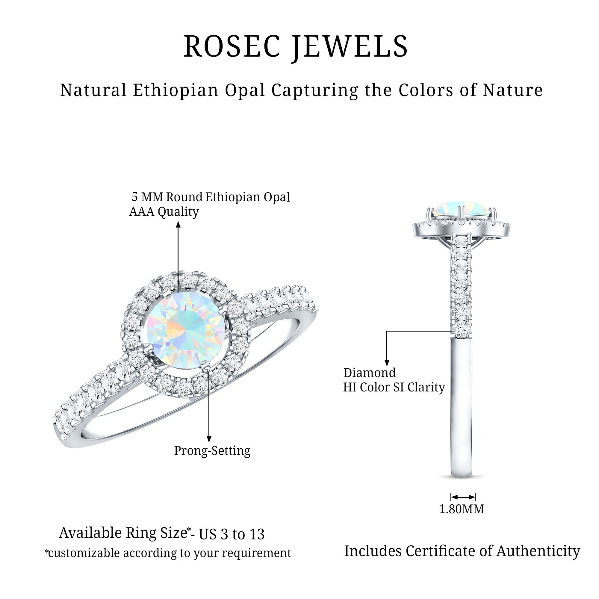Natural Ethiopian Opal Diamond Engagement Ring with Halo AAA - Rosec Jewels
