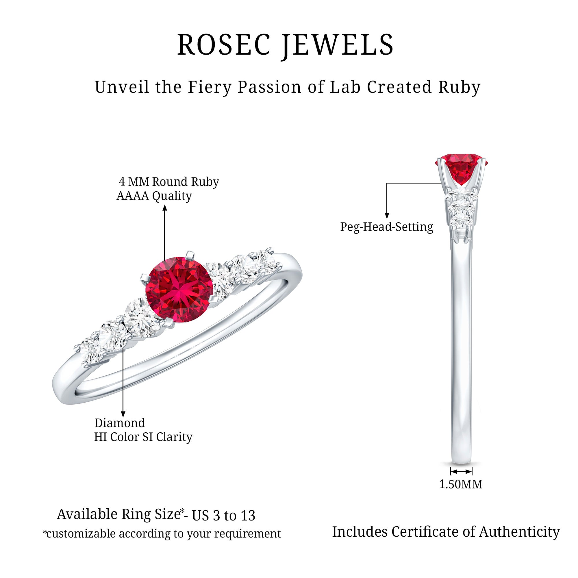Graduated Style Lab Created Ruby and Diamond Promise Ring AAAA - Rosec Jewels
