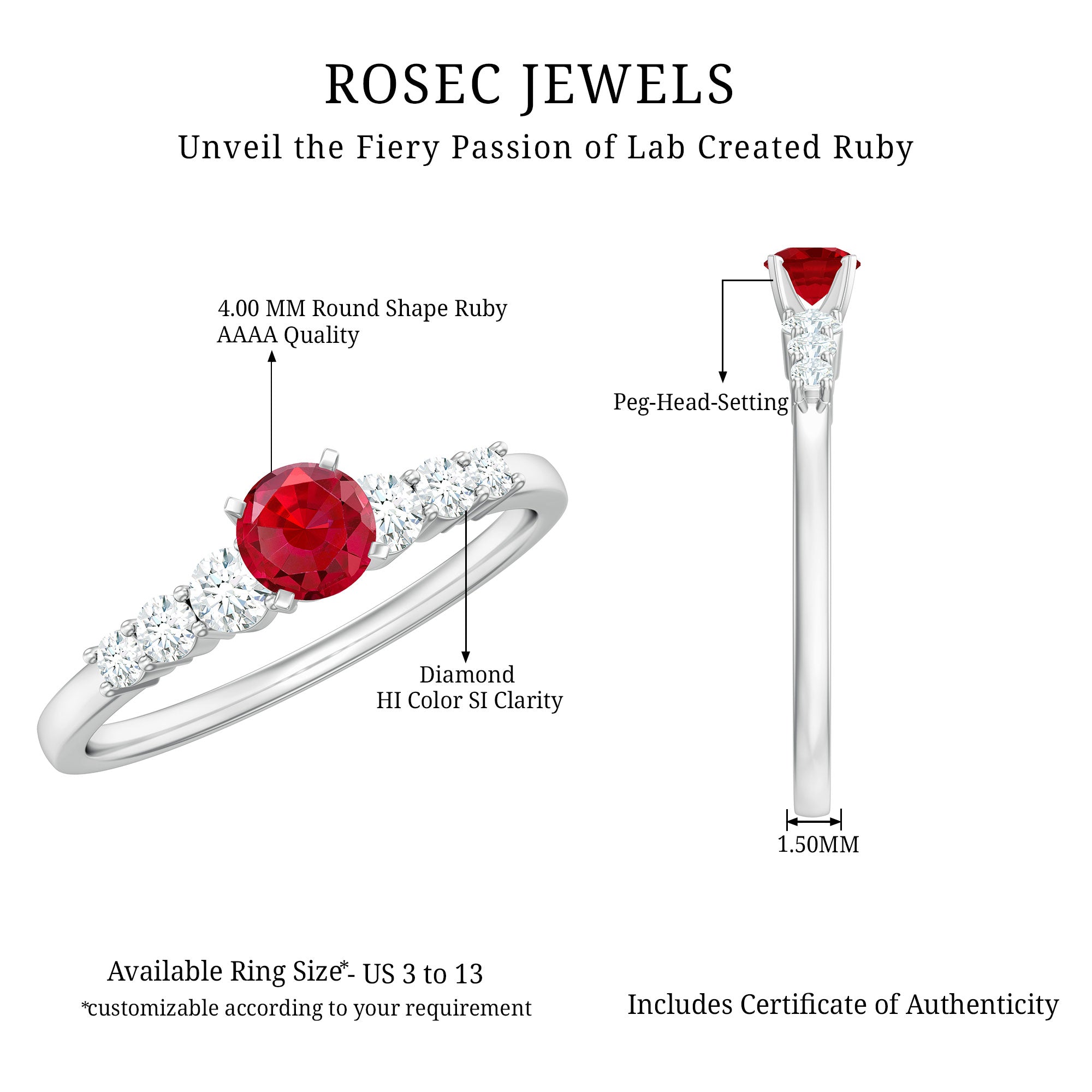 Graduated Style Lab Created Ruby and Diamond Promise Ring AAAA - Rosec Jewels