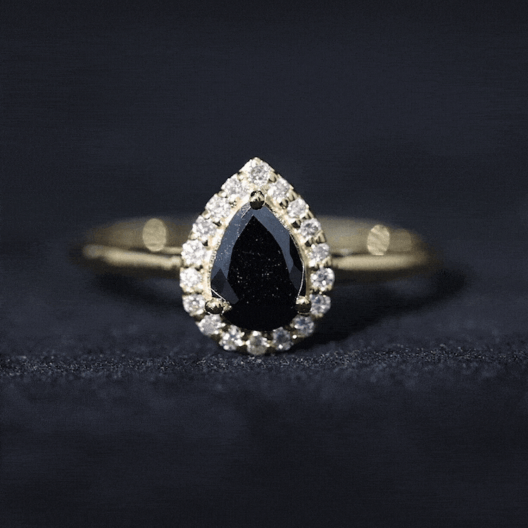 Certified Real Black Spinel Teardrop Engagement Ring with Diamond Halo AAA - Rosec Jewels