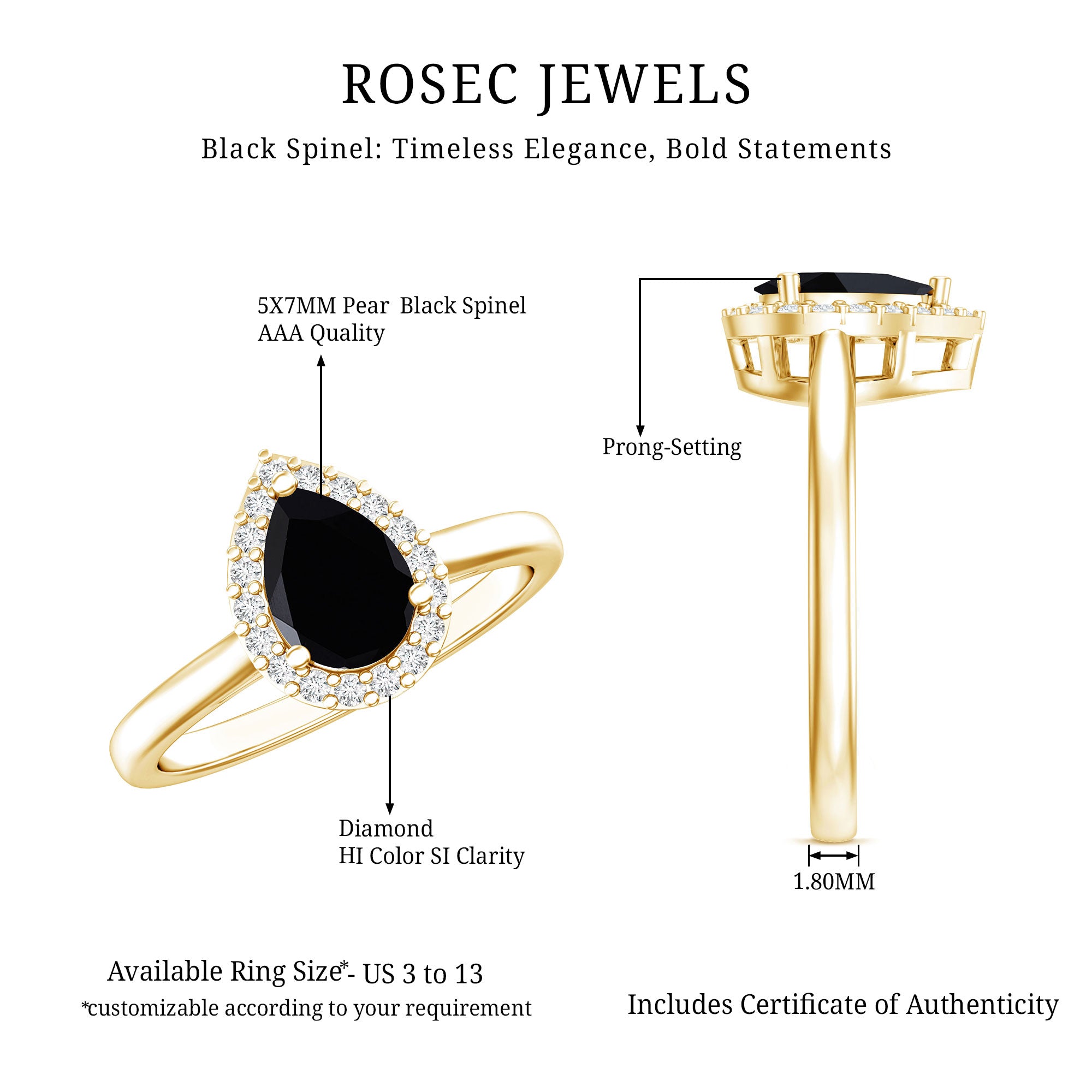 Certified Real Black Spinel Teardrop Engagement Ring with Diamond Halo AAA - Rosec Jewels