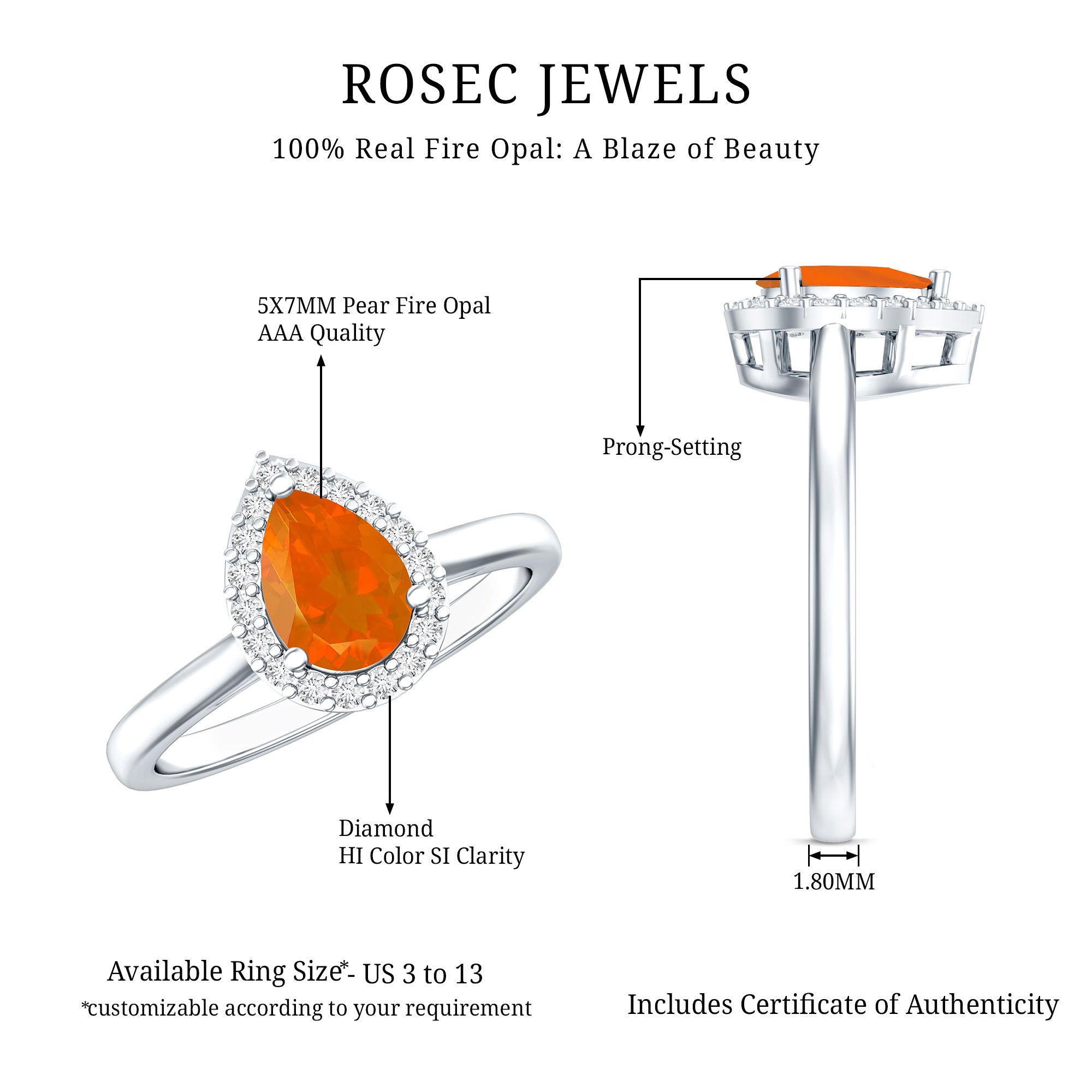 1 CT Teardrop Fire Opal Ring with Diamond Accent AAA - Rosec Jewels
