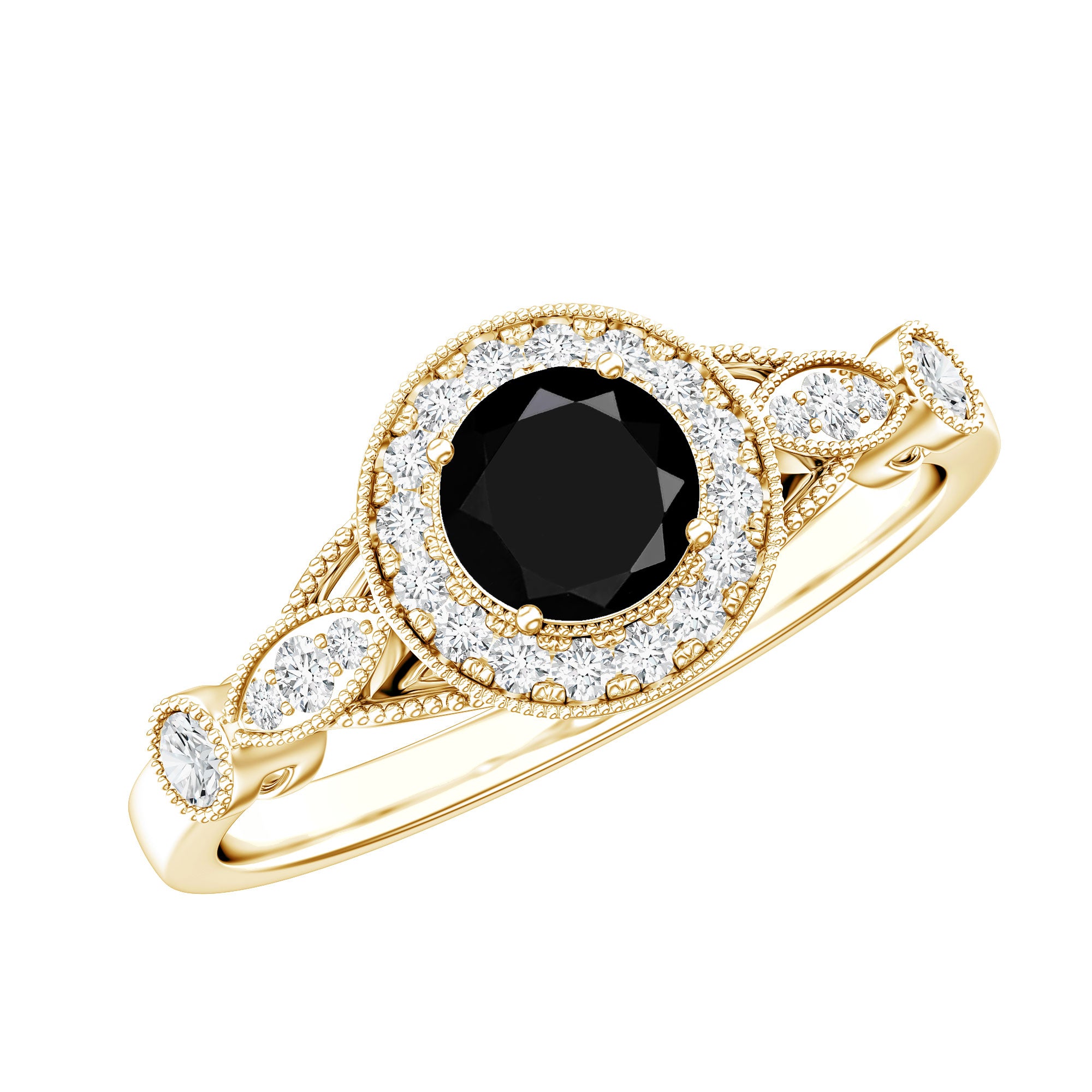 Vintage Inspired 0.8 Carat Lab Grown Black and White Diamond Engagement Ring with Halo AAAA ( Synthetic ) - Rosec Jewels