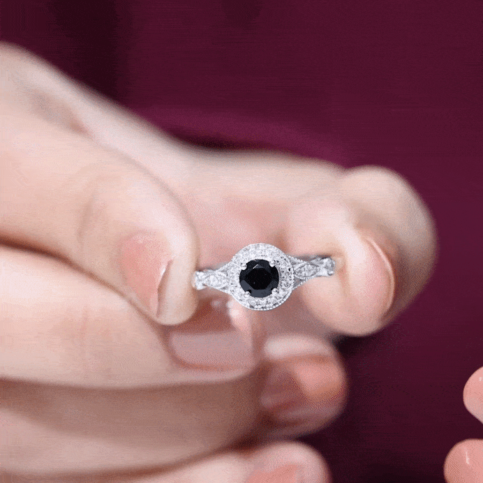 Vintage Inspired Black Onyx and Diamond Engagement Ring AAA - Rosec Jewels