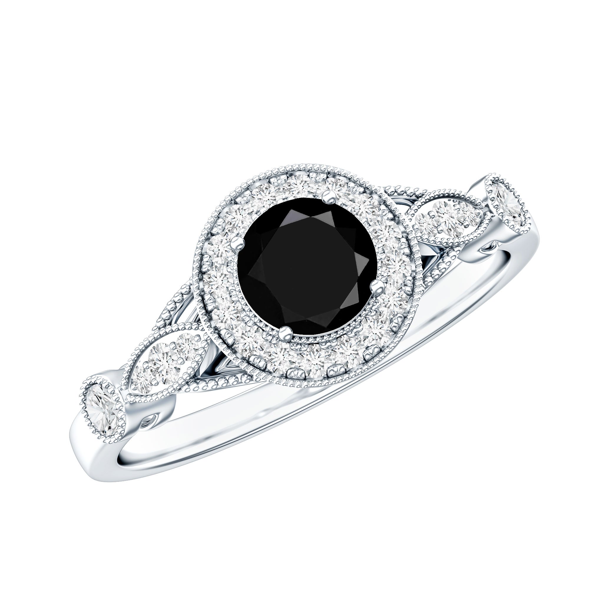Vintage Inspired Black Onyx and Diamond Engagement Ring AAA - Rosec Jewels