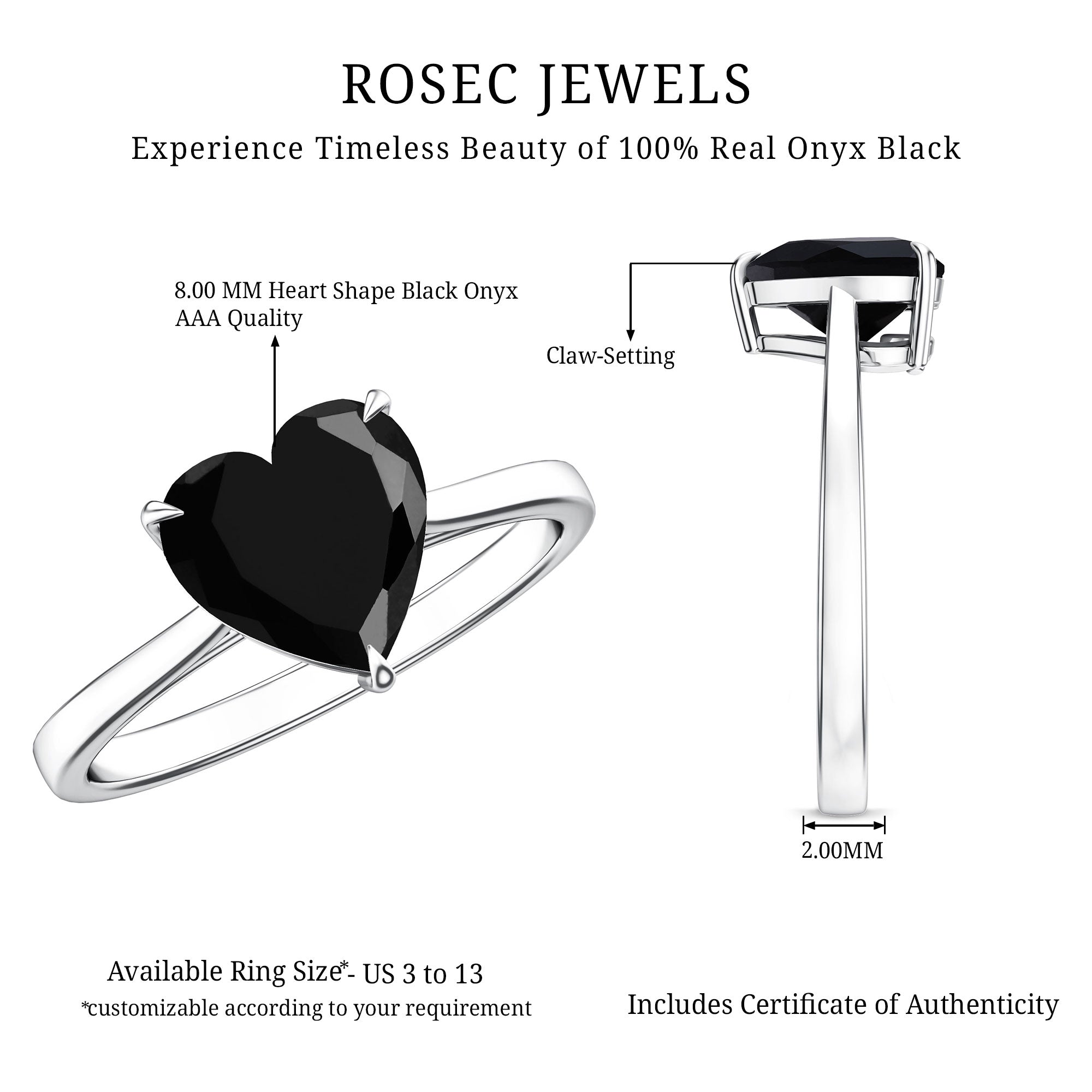 Solitaire Black Onyx Heart Promise Ring for Women AAA - Rosec Jewels